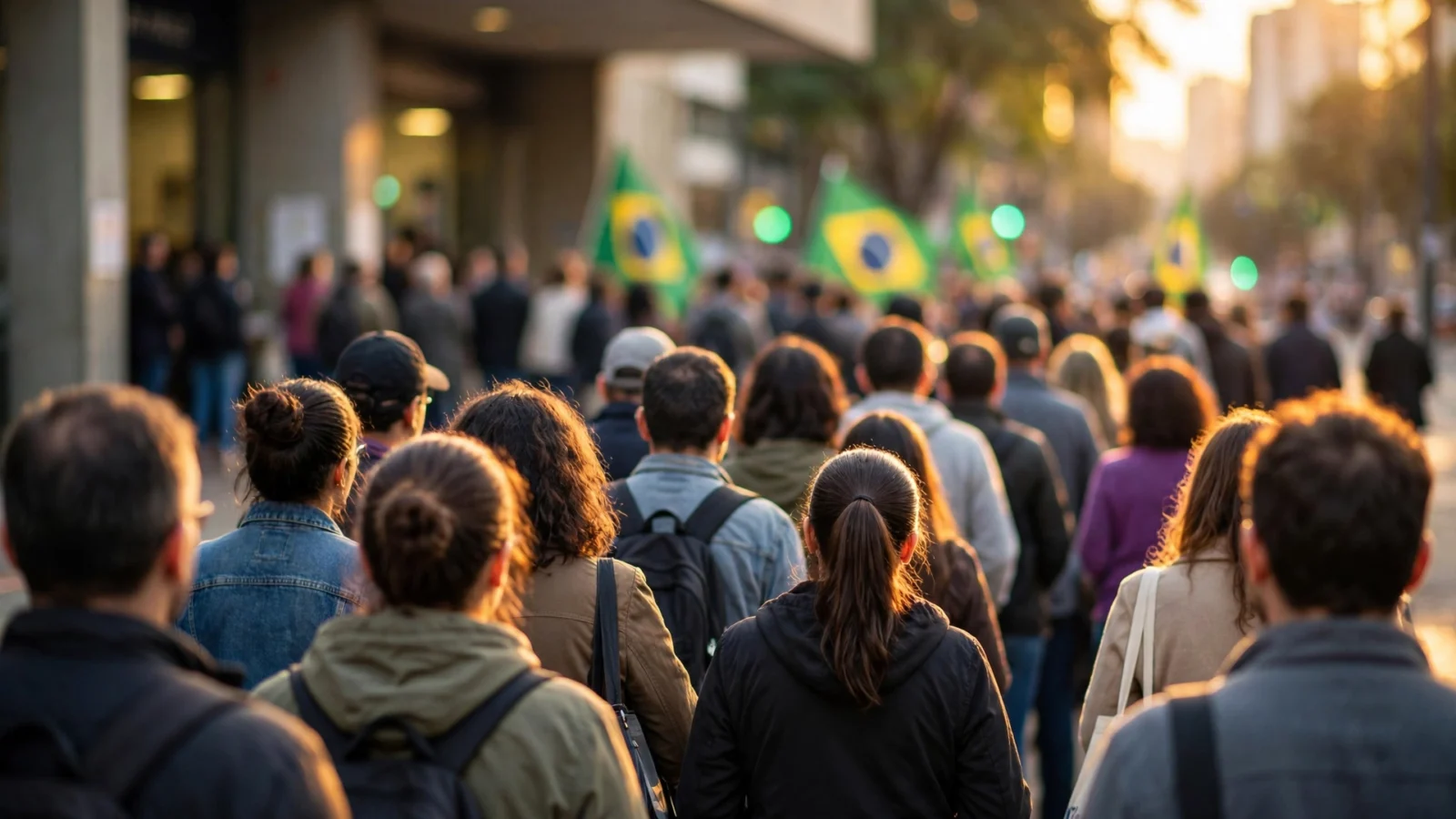 A crowd of voters seen from behind queues on a city street in Brazil at golden hour, with green-and-yellow Brazilian flags blurred in the background.