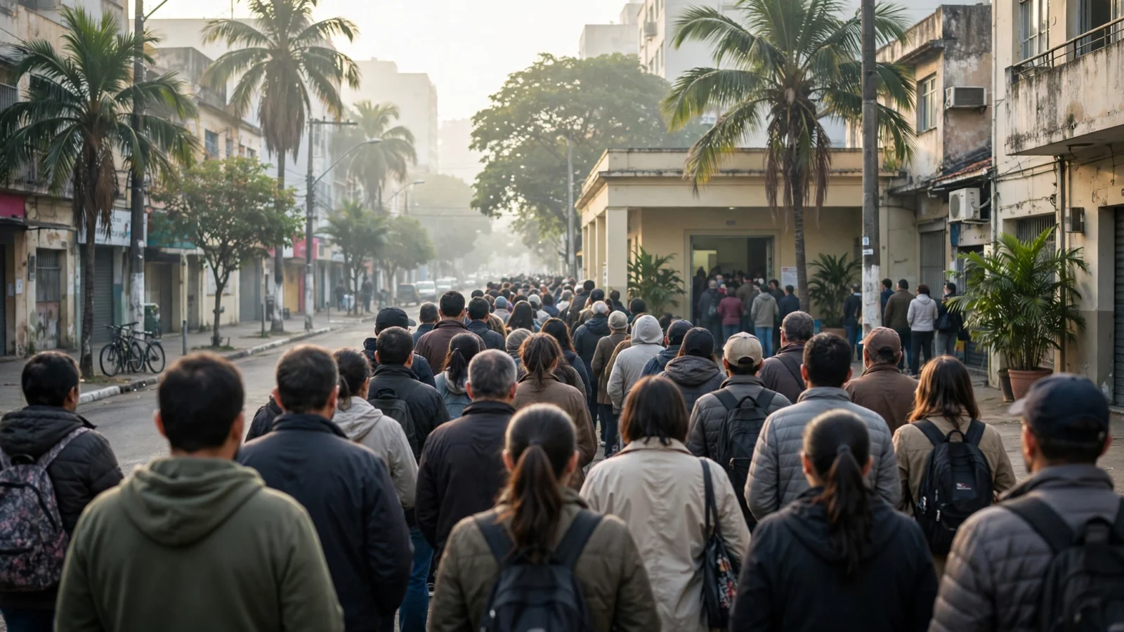 Voters wait in line outside a polling station in Brazil on election day