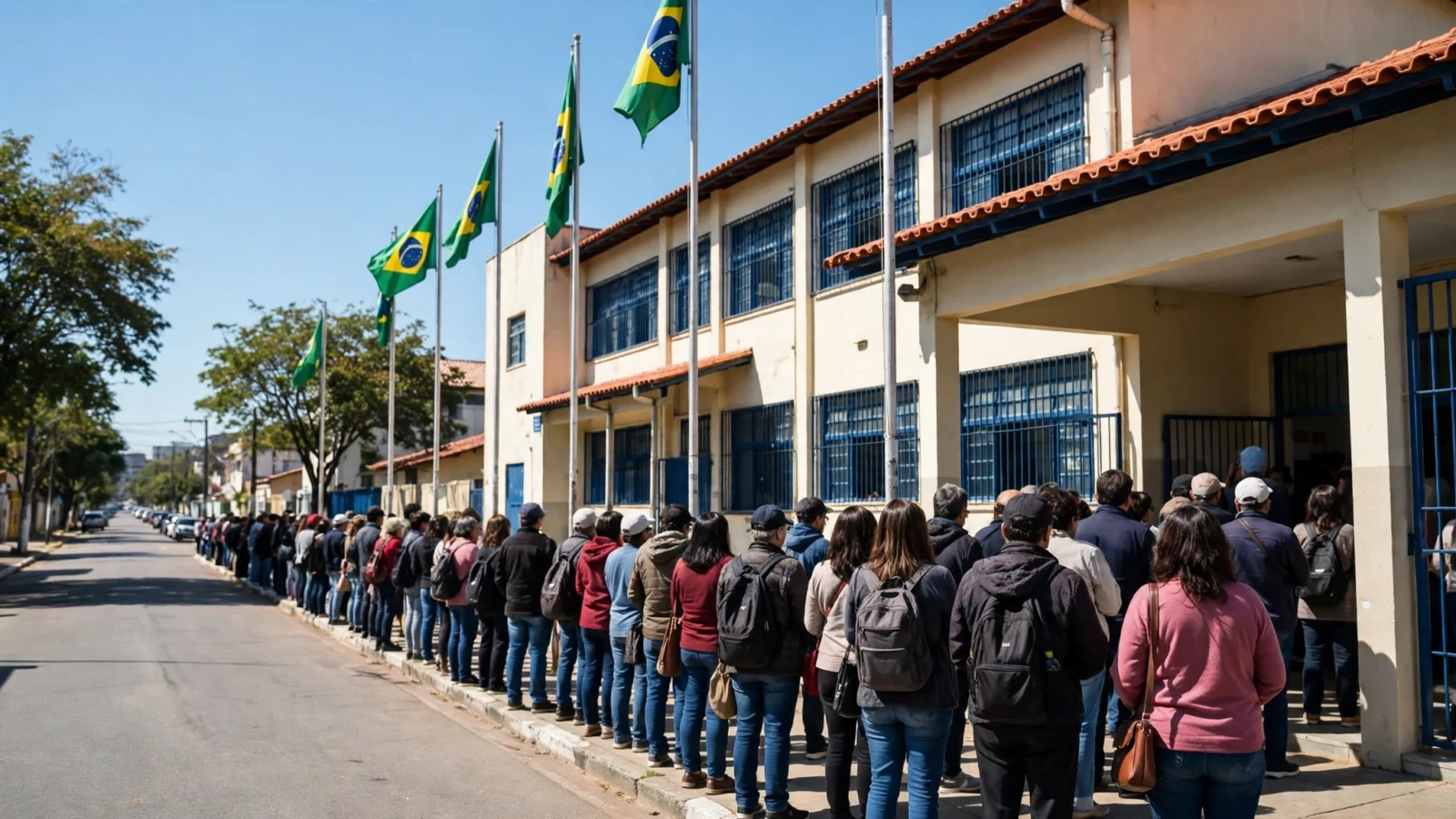 Voters standing in a long line outside a school building with Brazilian flags on poles on a sunny day