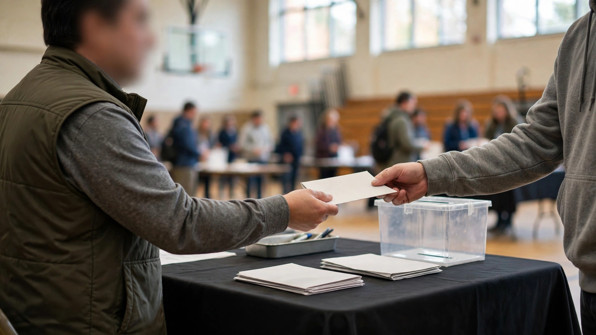 A voter handing a blank paper envelope to an election worker at a table inside a gymnasium, with a clear ballot box on the table