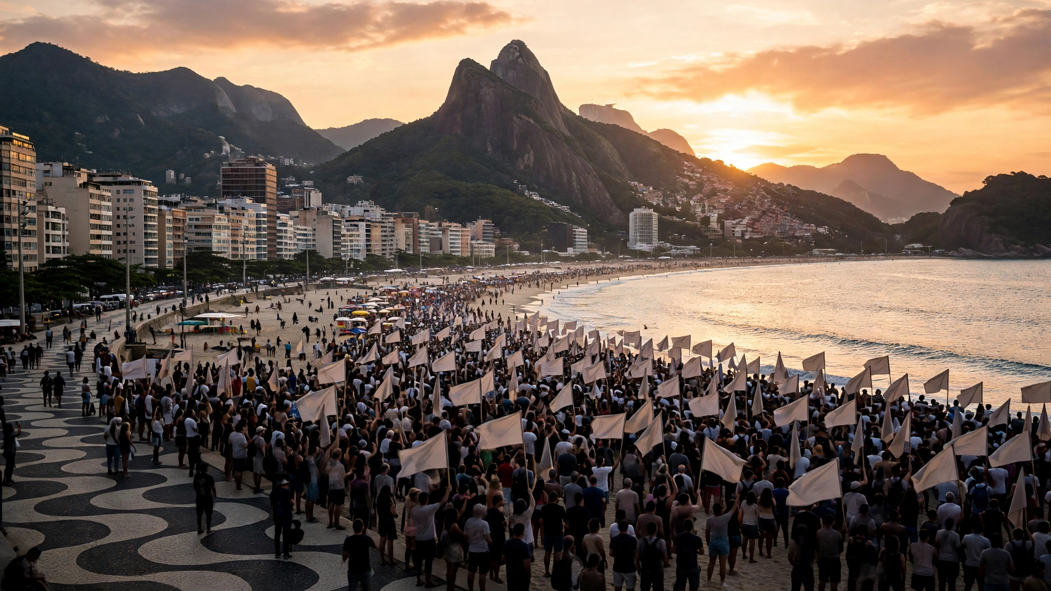 A large crowd holding plain white flags on Copacabana beach in Rio de Janeiro at sunset, with apartment buildings and mountains behind