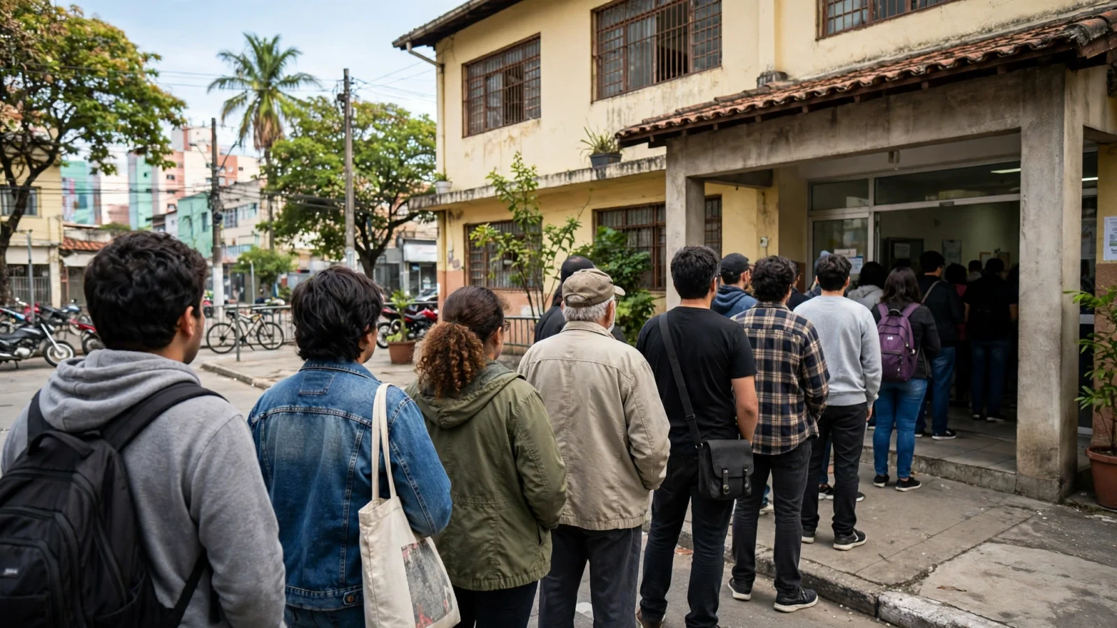 People stand in a line outside a building entrance, waiting to vote.