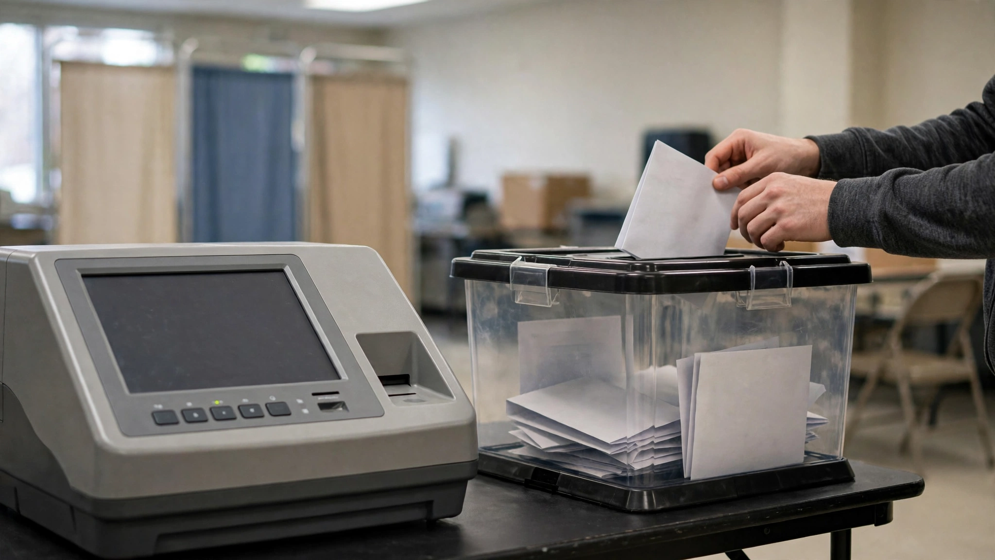A voter's hands place a paper ballot into a clear ballot box next to an electronic voting machine.