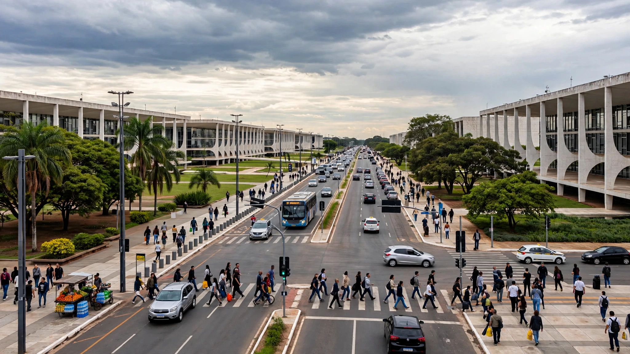 A wide avenue lined with modern government buildings and pedestrians in Brasilia.
