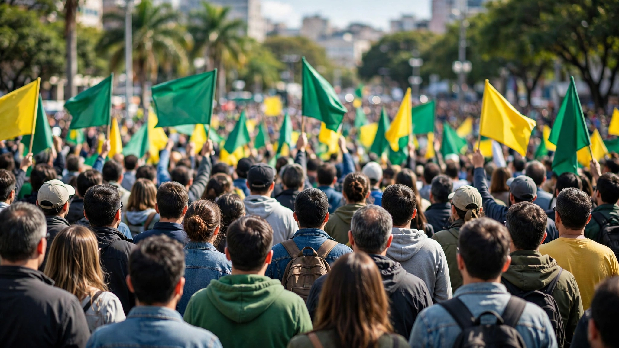 A crowd seen from behind waves plain green and yellow flags at an outdoor gathering.