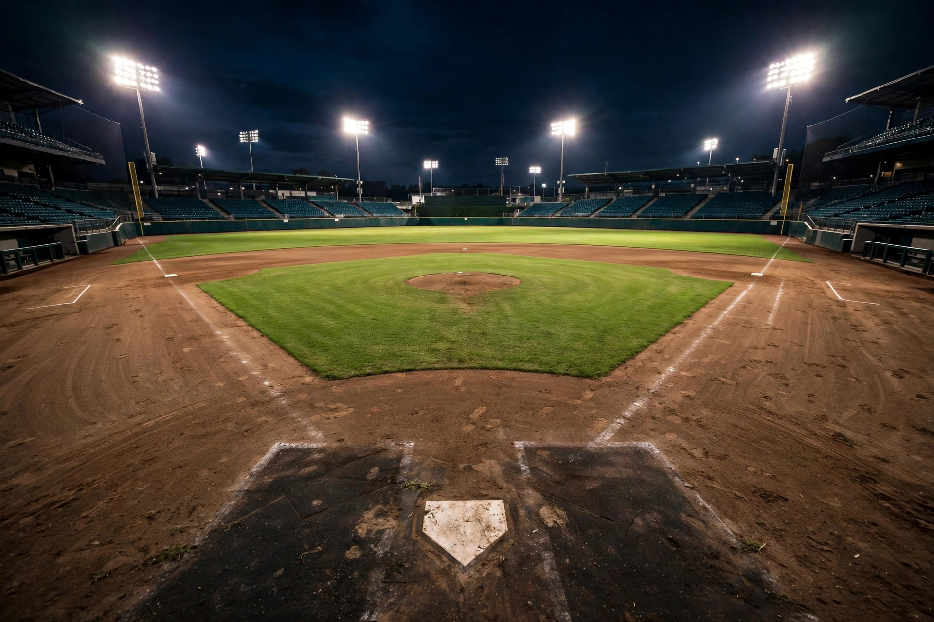 An empty baseball diamond glowing under stadium floodlights at night, seen from behind home plate