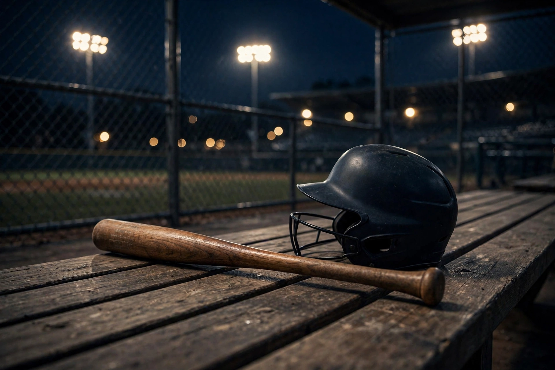 A wooden baseball bat and a dark batting helmet lying on a wooden dugout bench at night, stadium lights glowing behind