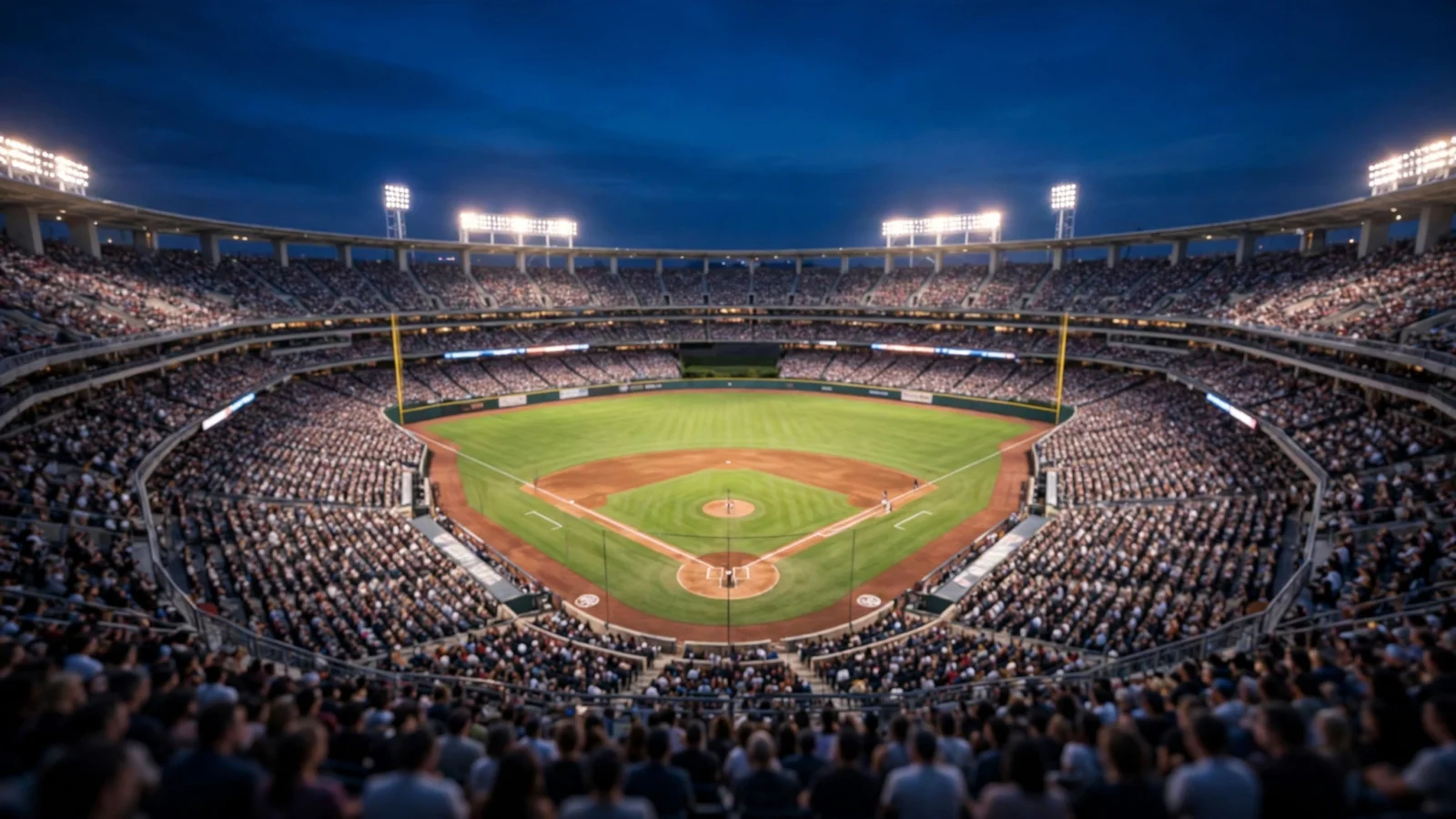 A packed baseball stadium at night under bright floodlights, the diamond glowing green in the center of the stands
