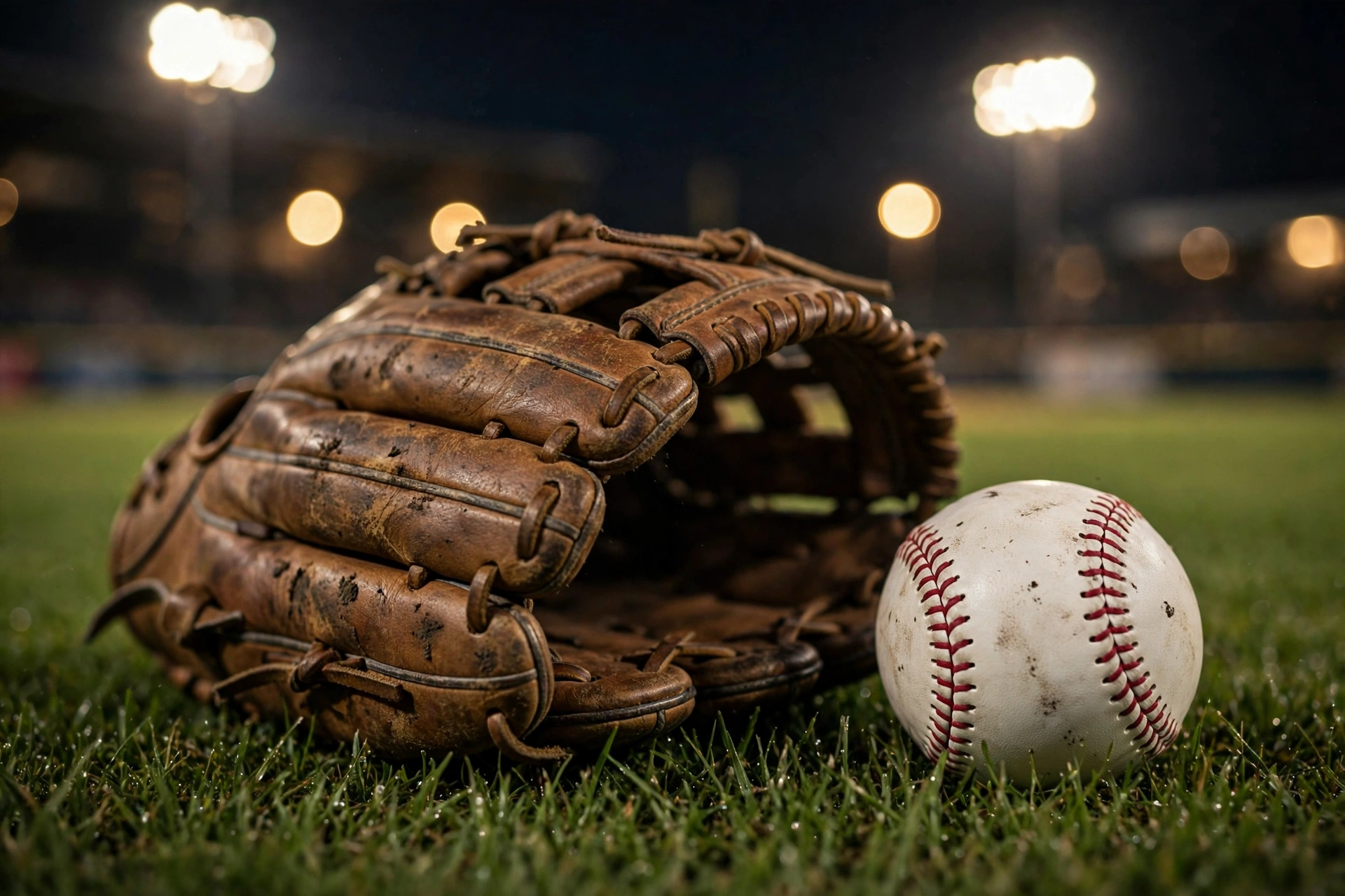 A worn leather baseball glove and a white baseball with red seams lying on green outfield grass under stadium lights at night