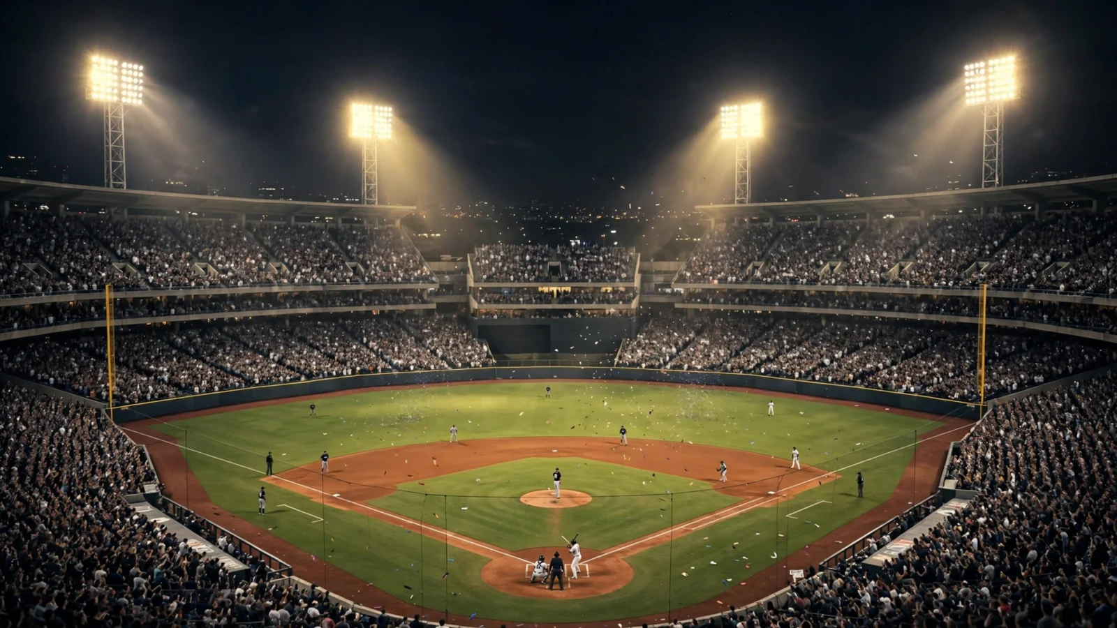 A baseball stadium at night, packed with fans under bright floodlights, during a playoff game.