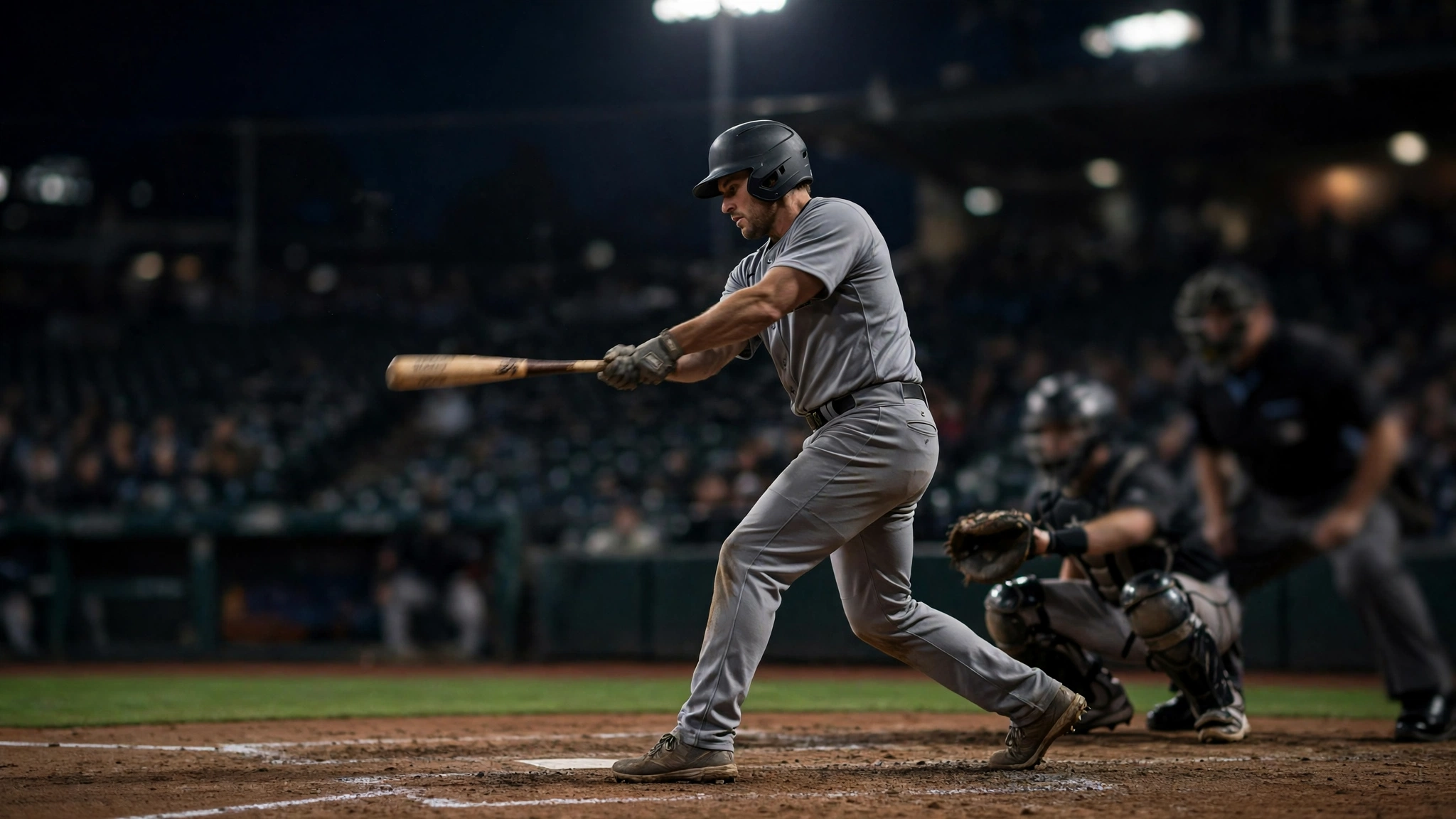 A baseball batter in a gray uniform swinging a bat at home plate at night, with a catcher and umpire behind him