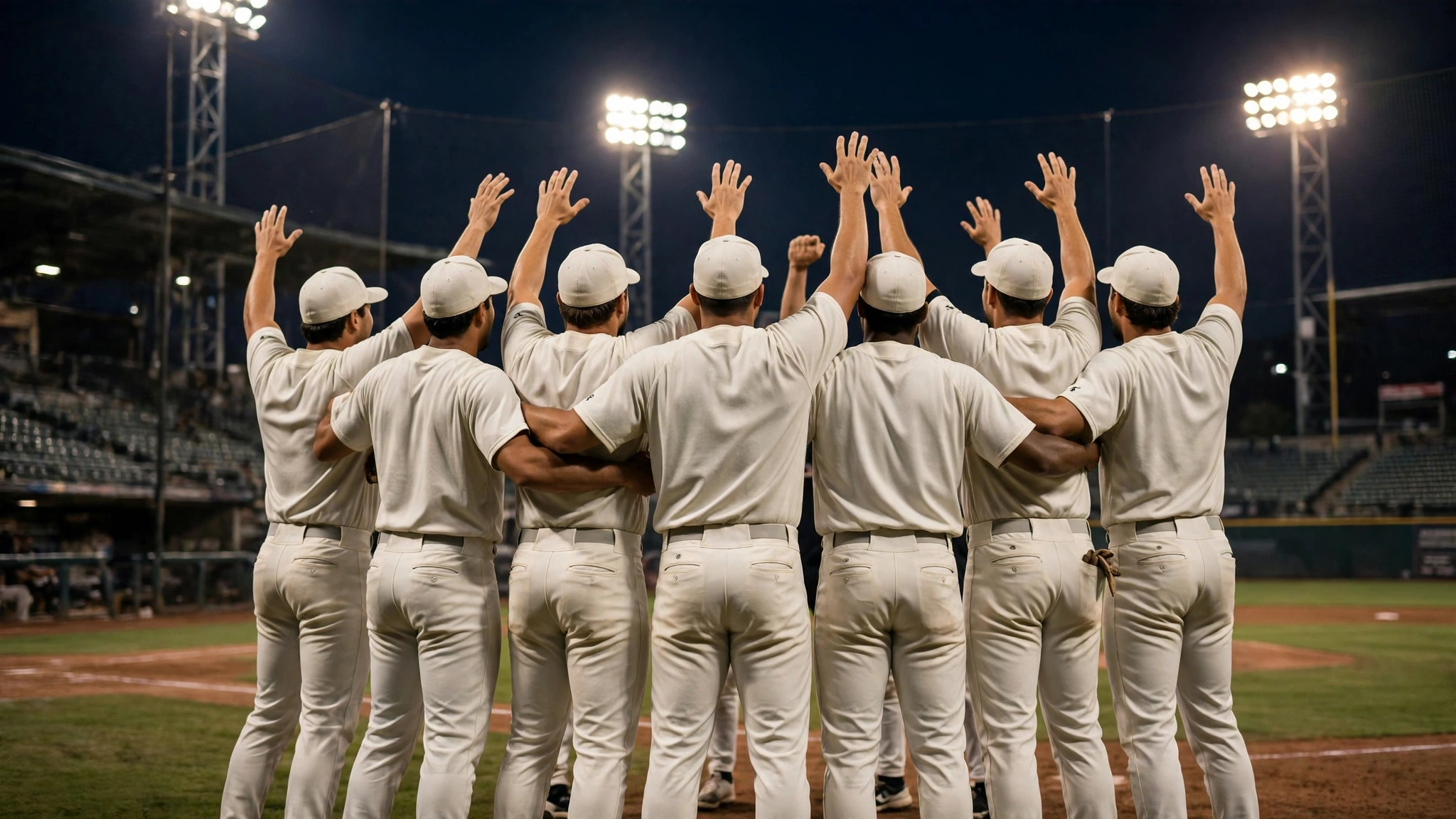 Baseball players in white uniforms standing together on the field at night with arms raised