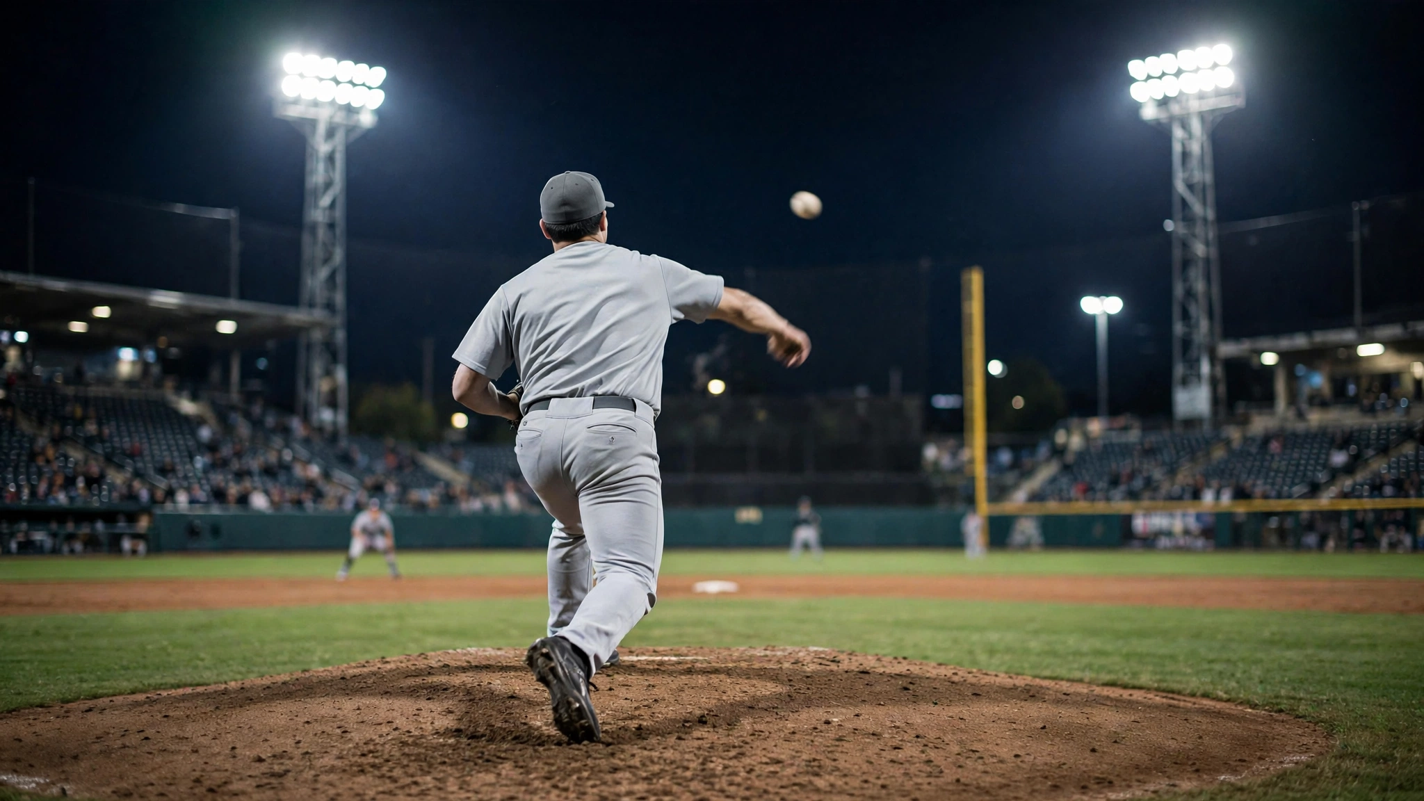 A baseball pitcher in a gray uniform throwing a ball from the mound under stadium lights at night