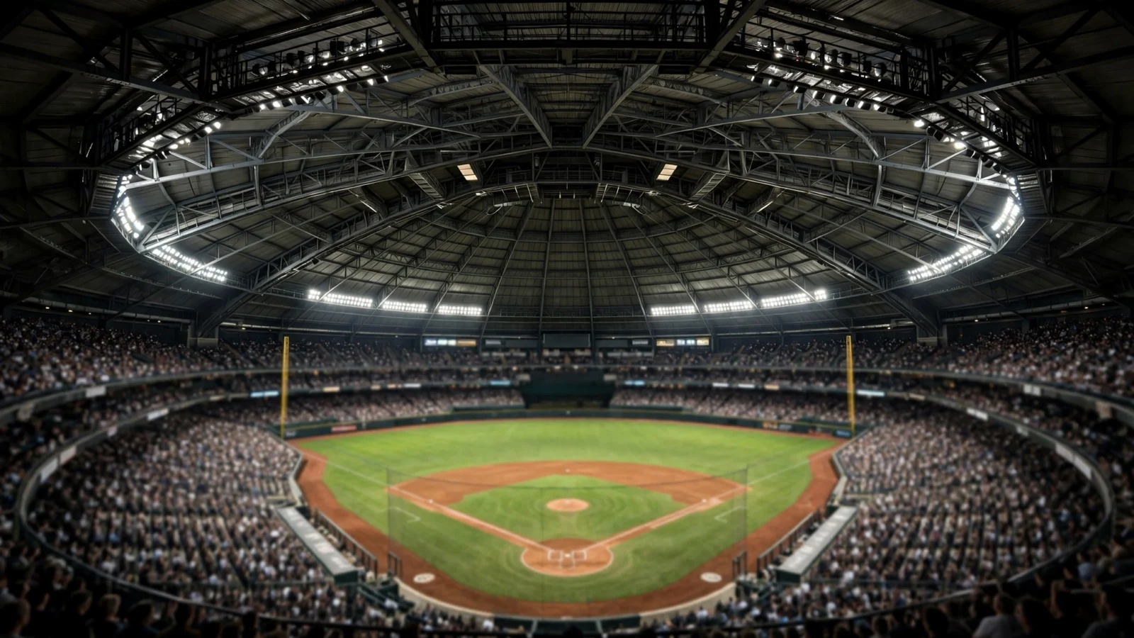 A domed baseball stadium at night with bright lights over a green field and crowded stands