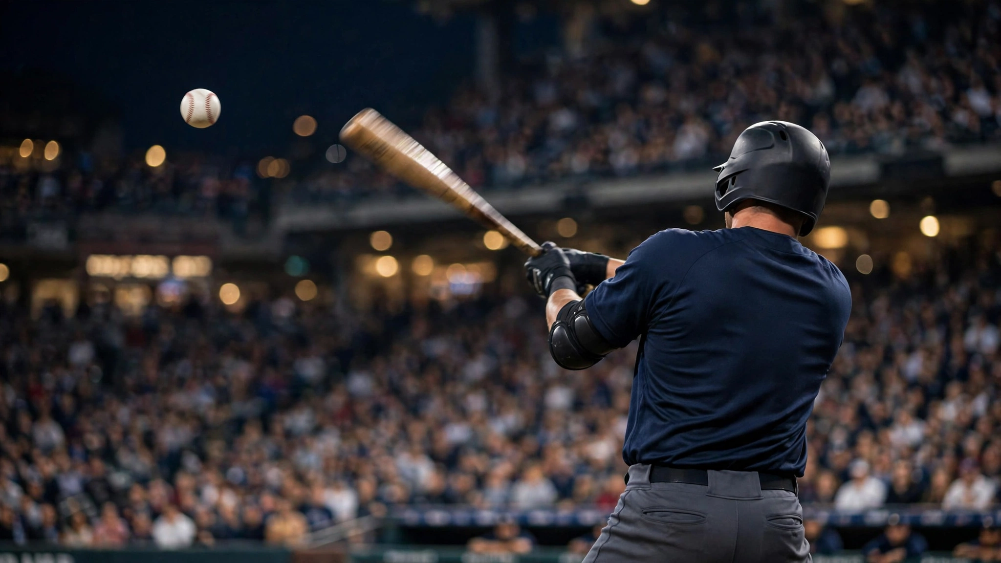 An anonymous batter seen from behind swinging at a pitch during a night baseball game