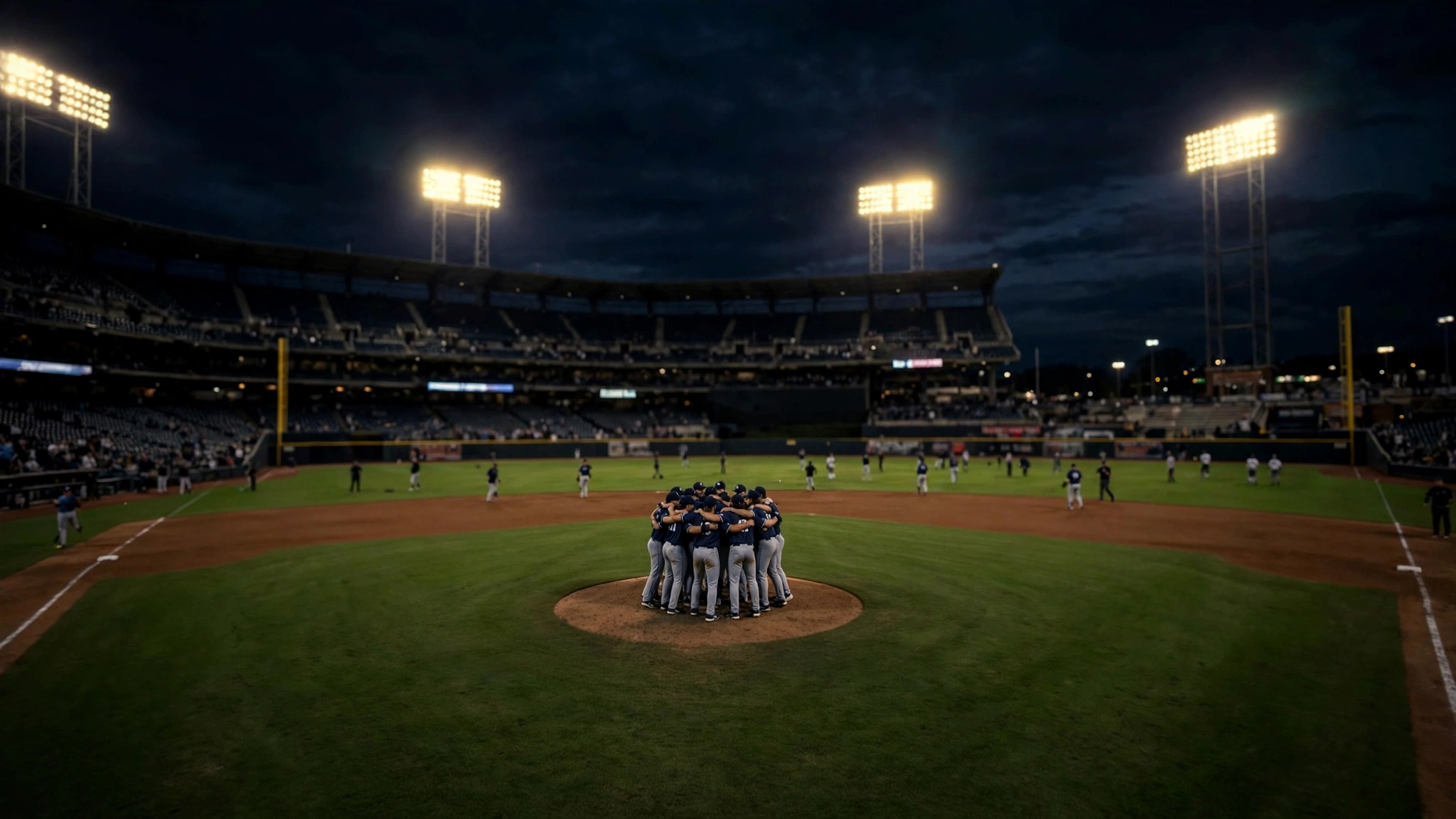 A baseball team huddling on the pitcher's mound at night after winning a championship series