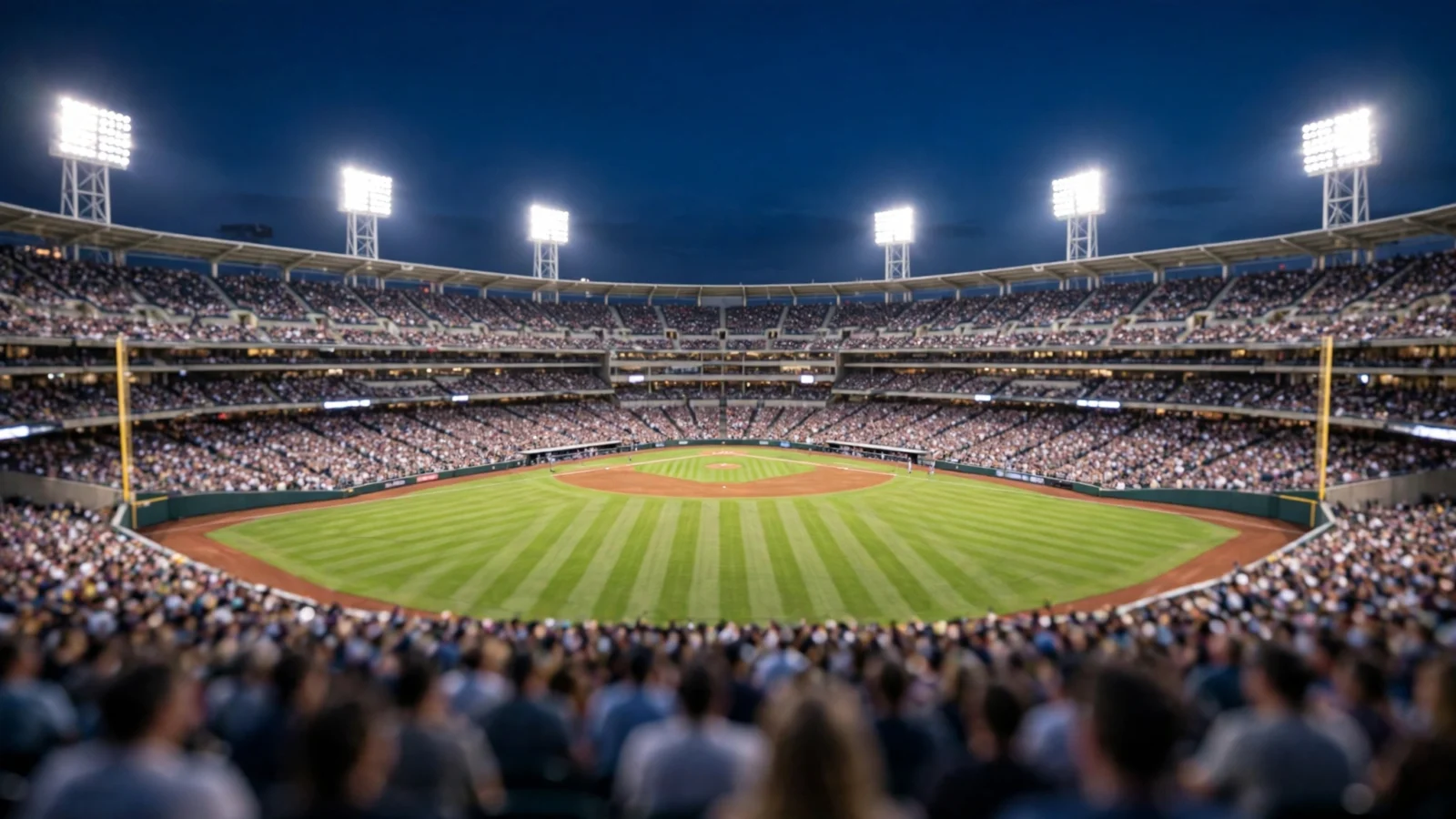 A packed baseball stadium at night under bright floodlights during a championship game