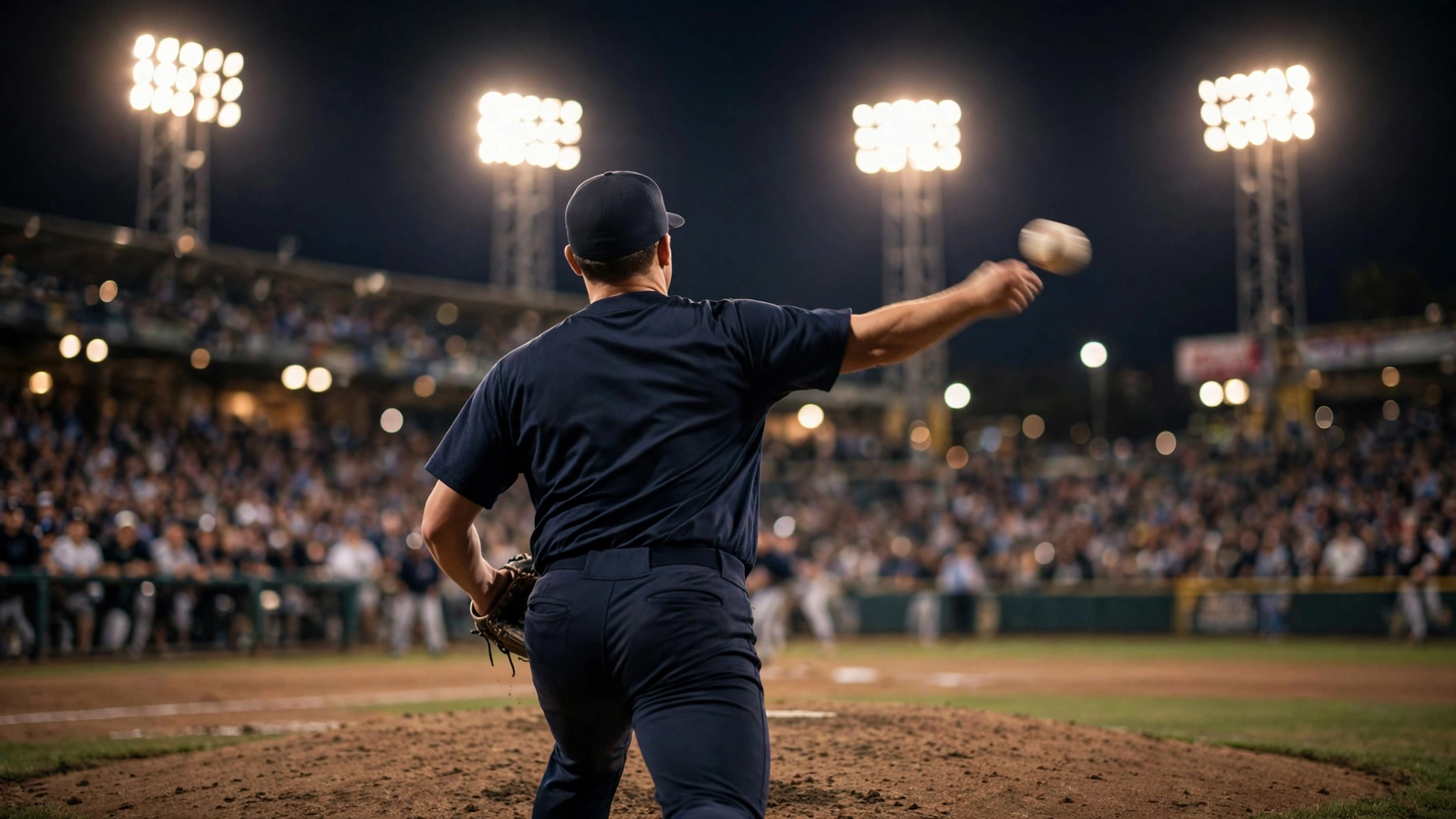 An anonymous relief pitcher seen from behind throwing a pitch on the mound at night