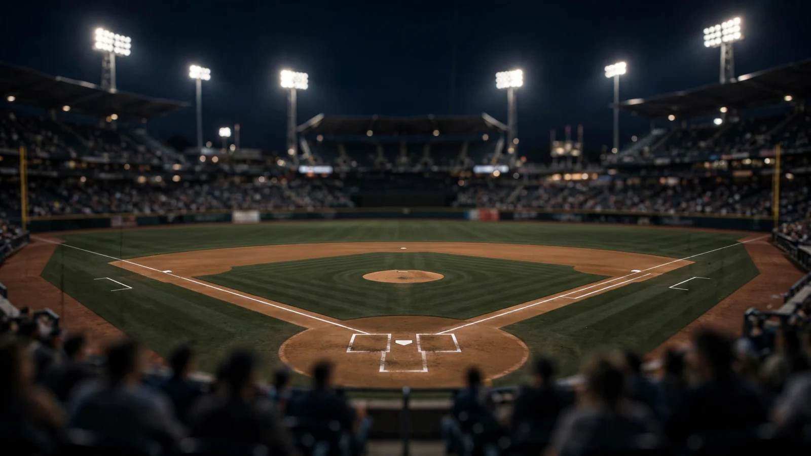 Baseball field and stands in a professional stadium at night under bright floodlights, viewed from behind home plate toward an empty diamond