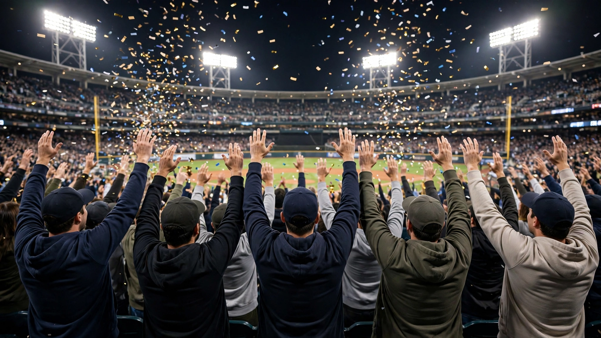 Baseball fans in stadium stands with raised arms as confetti falls at night