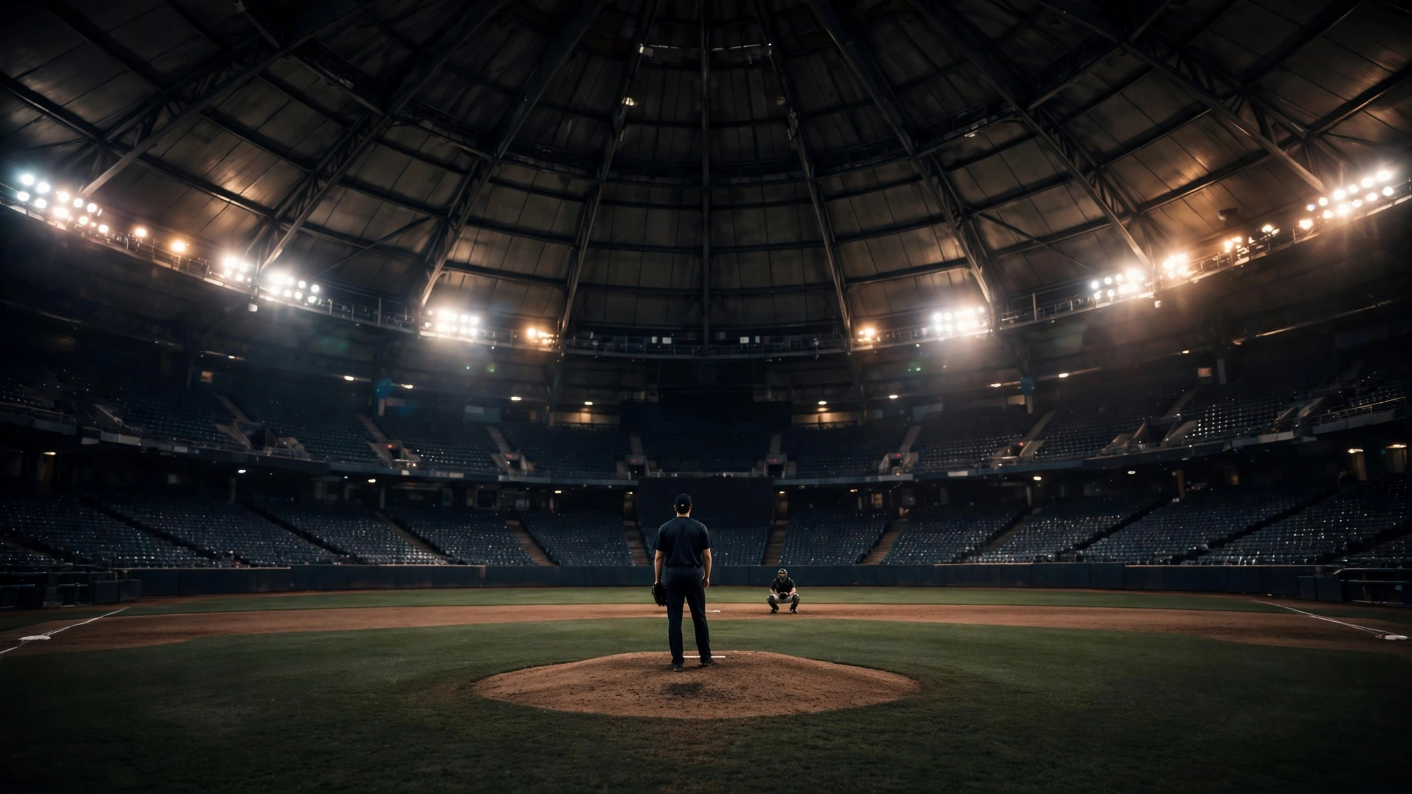 A baseball pitcher standing on the mound in a domed stadium under bright lights, viewed from behind