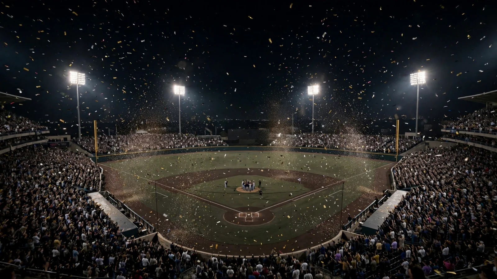 A baseball stadium at night with confetti falling over the field and a crowd in the stands