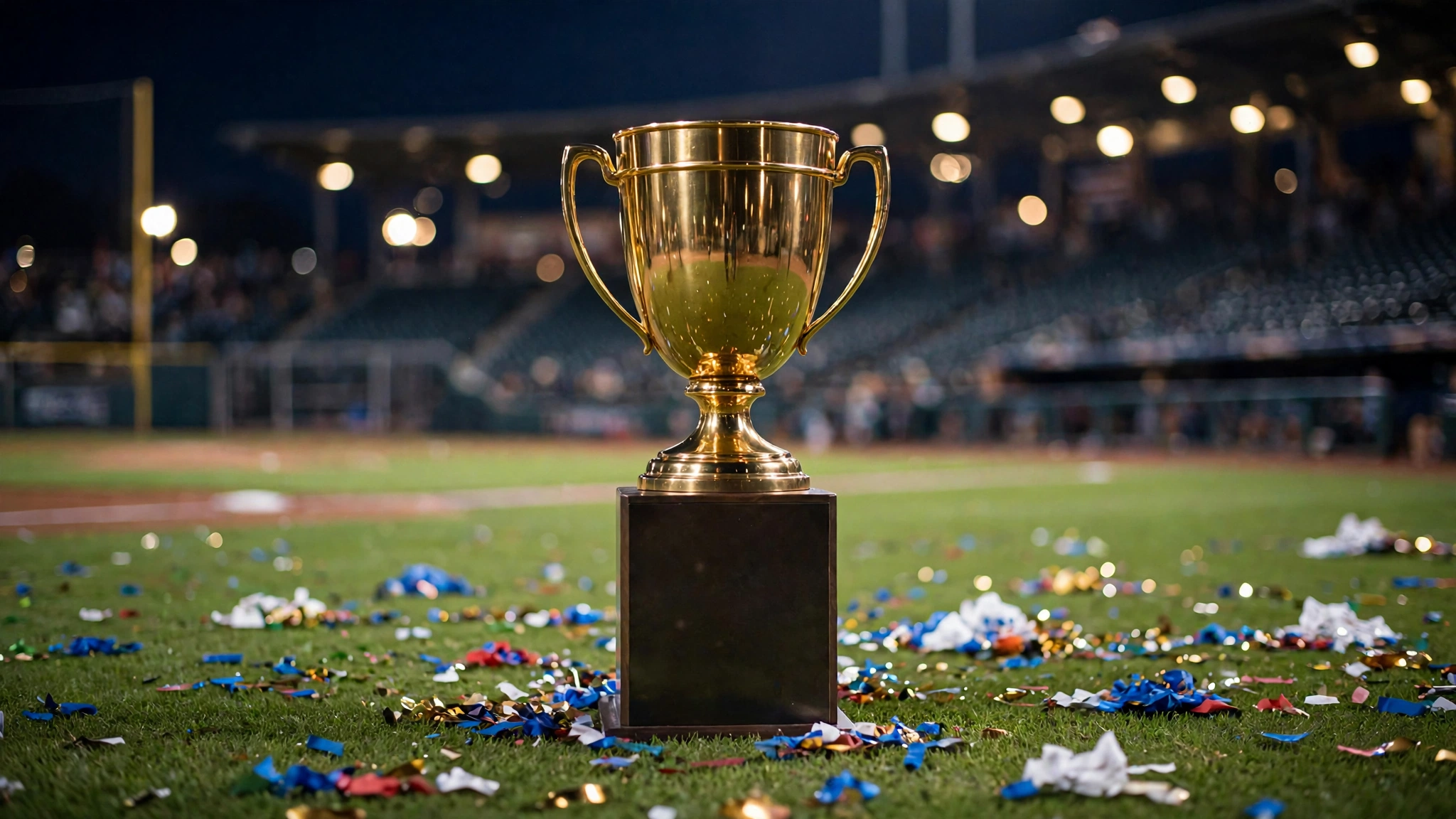 A gold championship trophy standing on a baseball field covered in confetti at night