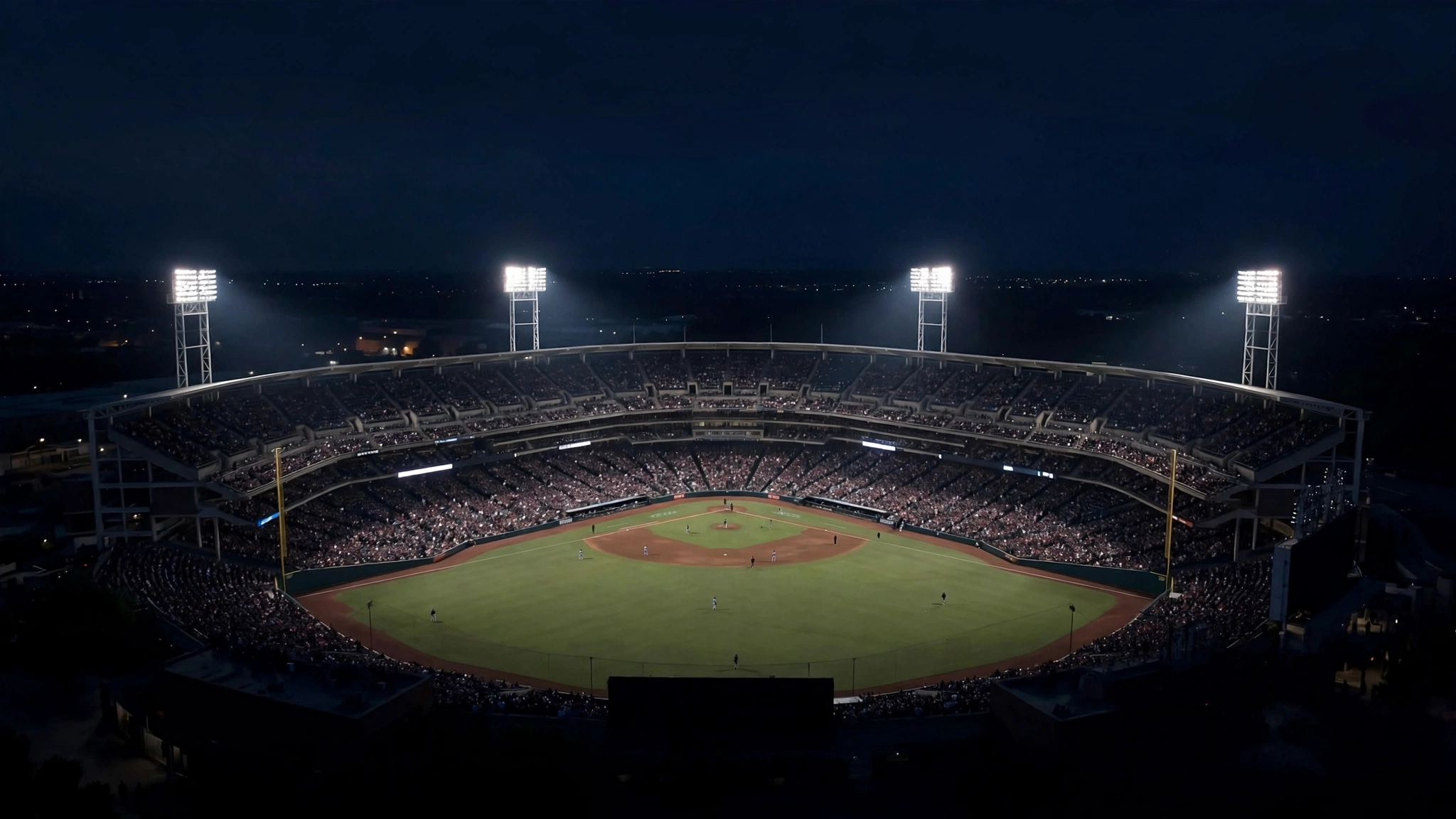 A baseball stadium at night seen from above, with floodlights on, players on the field and a crowd in the stands