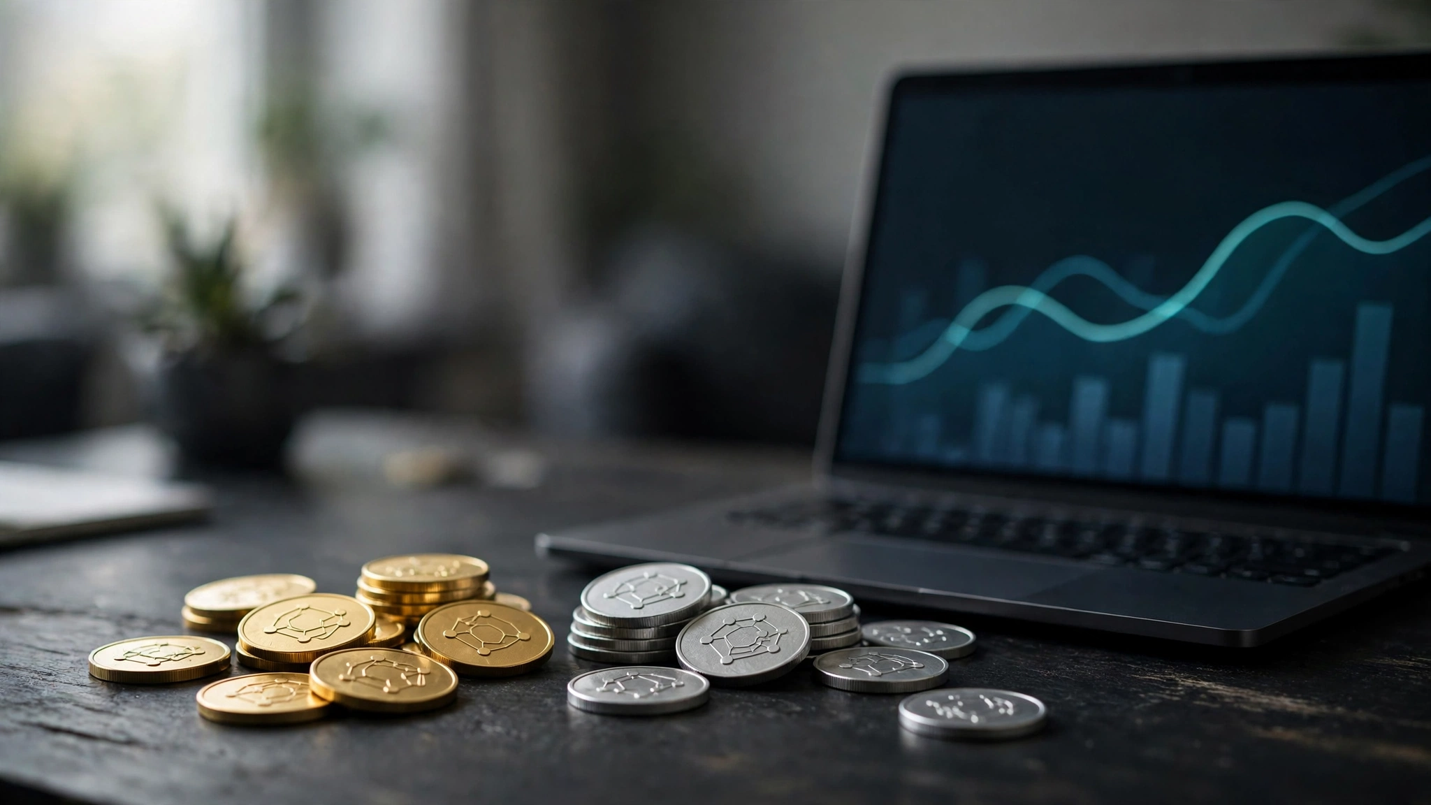 Gold and silver coins on a dark desk beside a laptop screen showing a line chart and bar chart