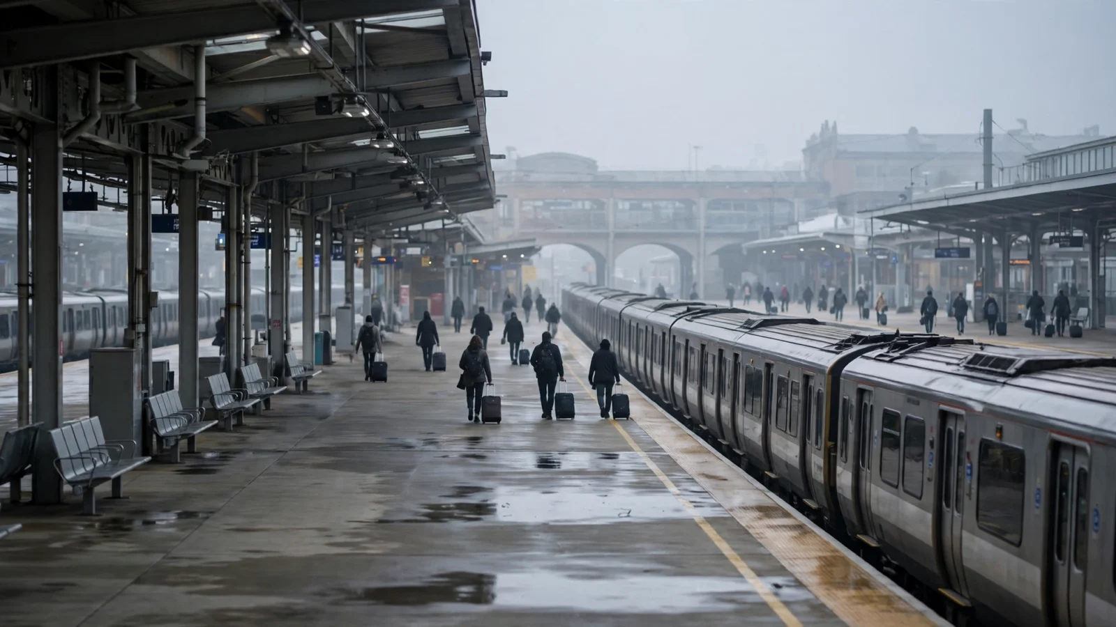 Passengers with luggage walk along a covered train station platform beside a passenger train on an overcast morning