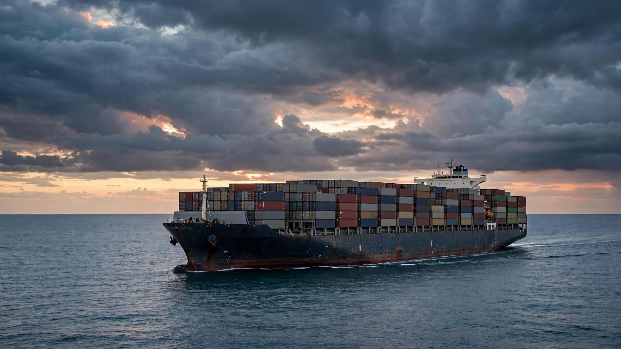 A large container ship sailing on open ocean under a dramatic cloudy sky at dusk