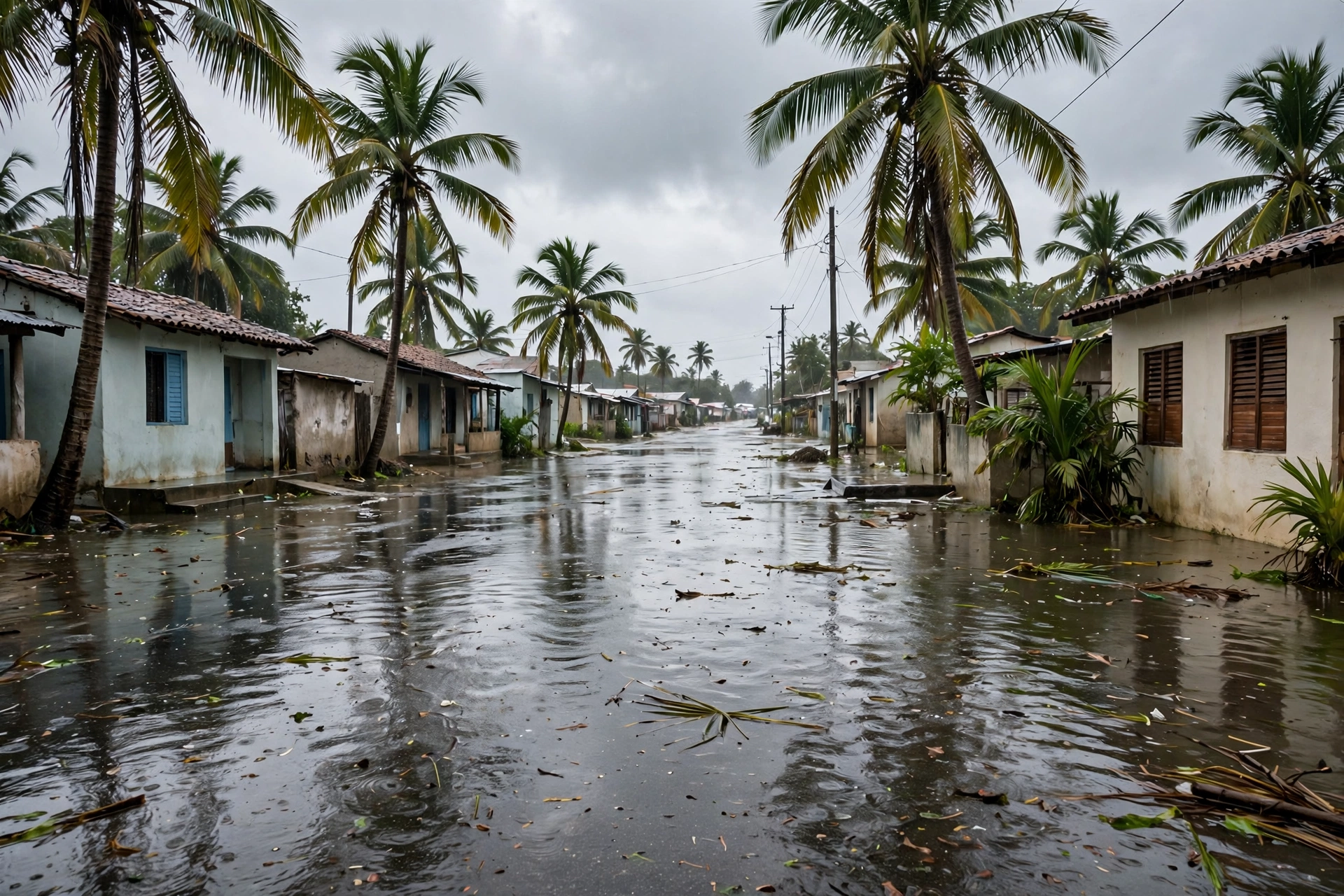 A coastal town street flooded with rainwater after a tropical storm, with palm trees and low houses