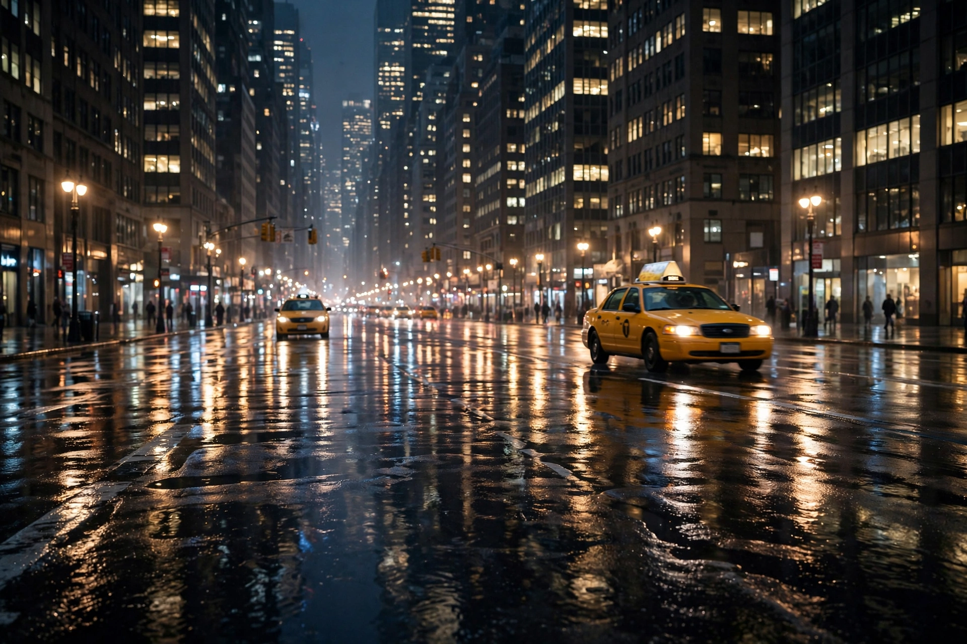 A New York City street at night with yellow taxis and lit buildings reflected on wet pavement