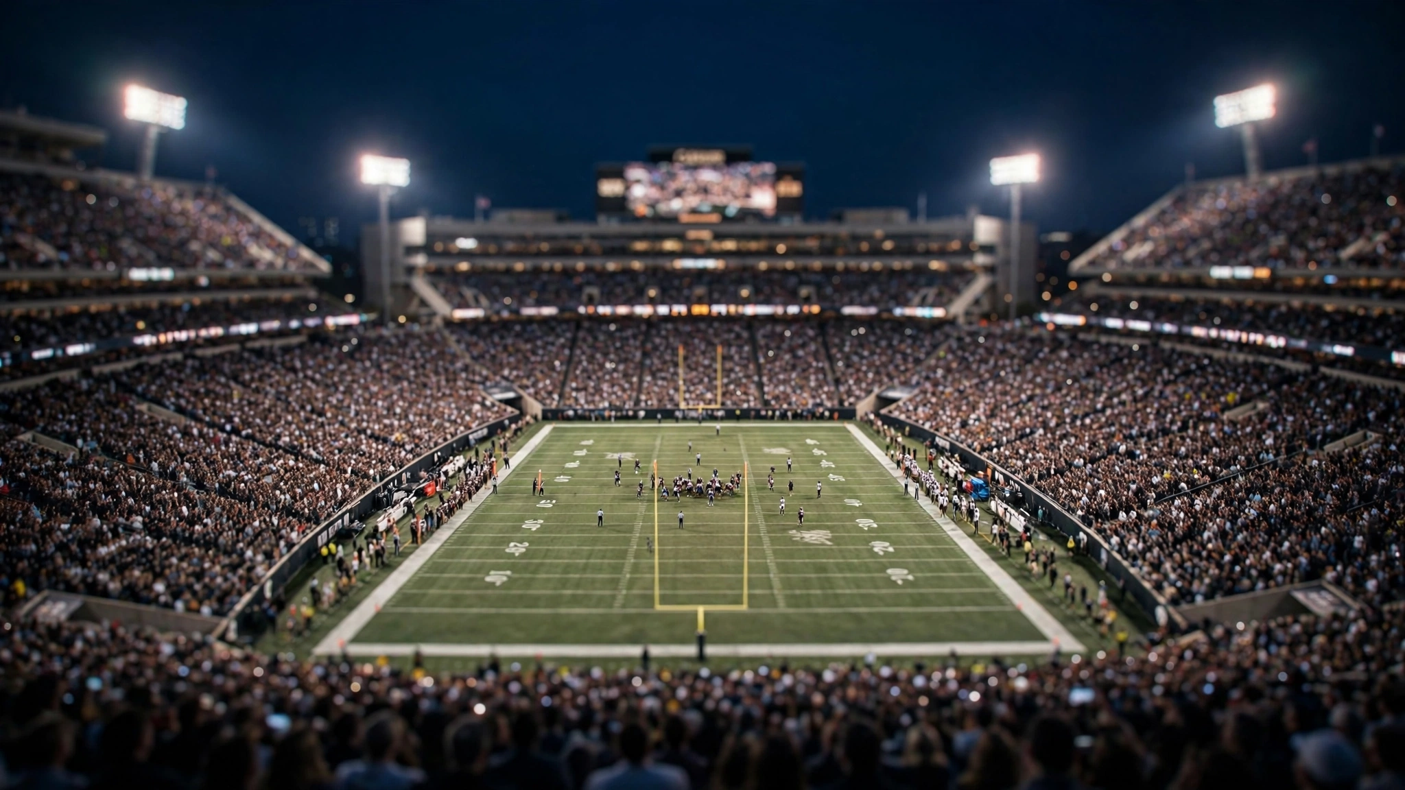 A packed college football stadium at night under floodlights, with the crowd filling the stands around the illuminated field.