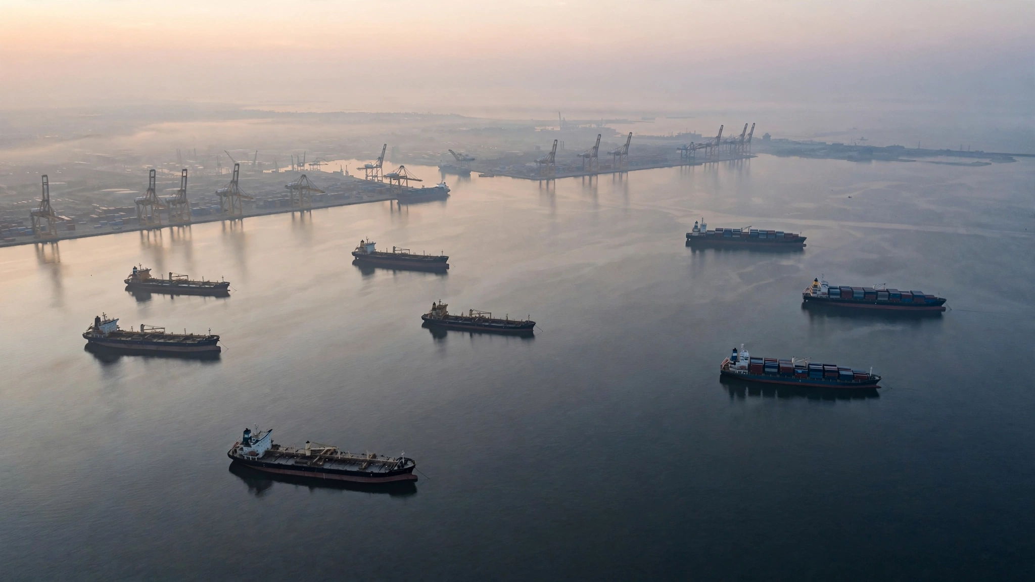 An aerial view of large cargo and tanker ships anchored on calm water near a port with container cranes in the distance at dawn.