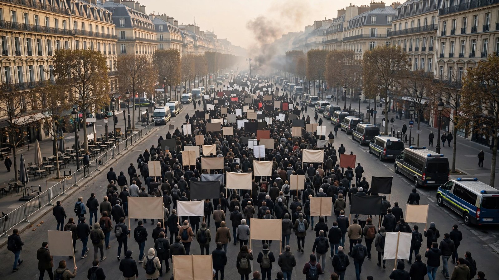 A large crowd of demonstrators carrying blank banners marches down a wide Parisian boulevard with police vans parked along the side