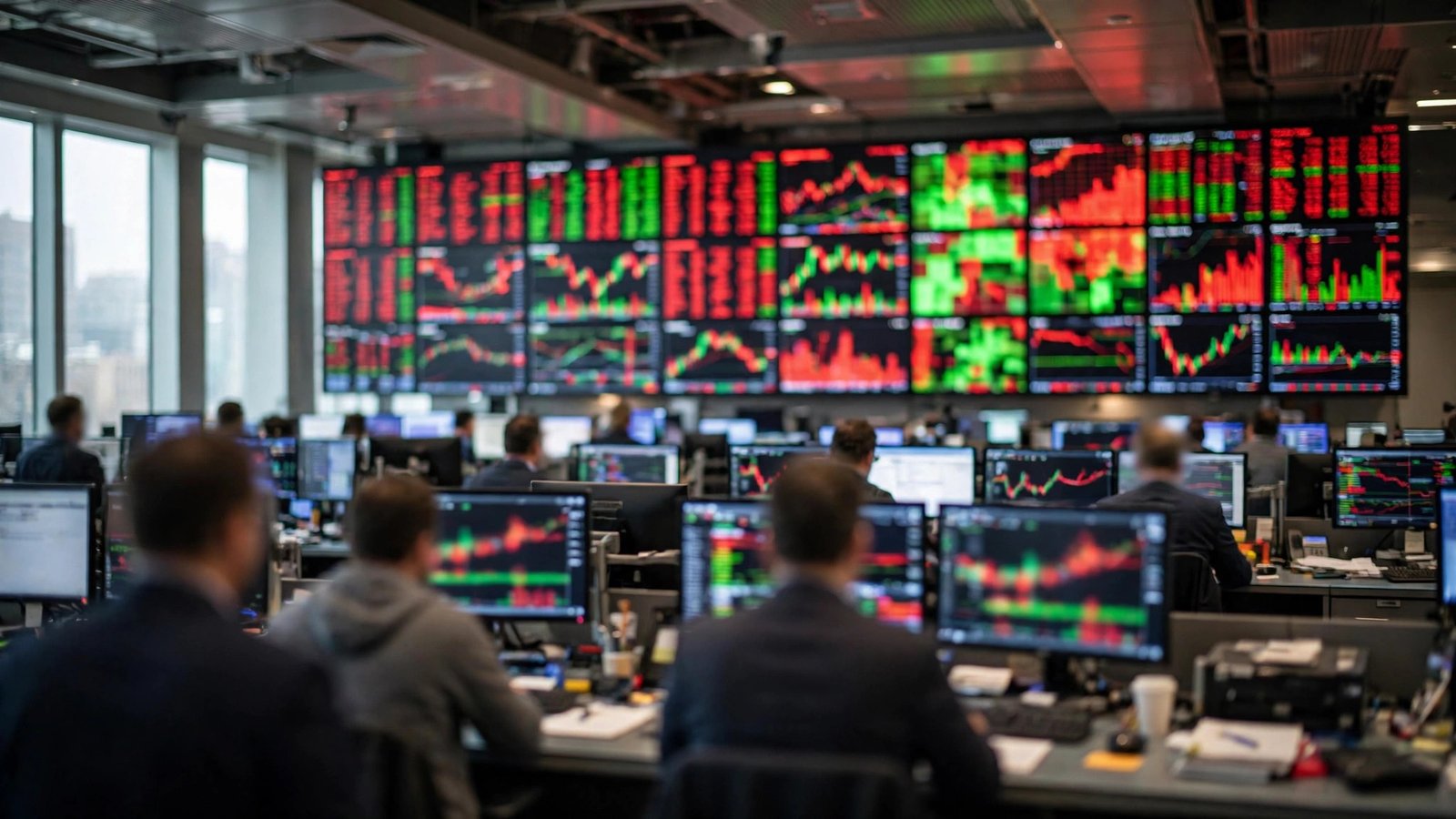 Traders at desks on a stock exchange floor beneath a wall of glowing market data screens showing red and green charts