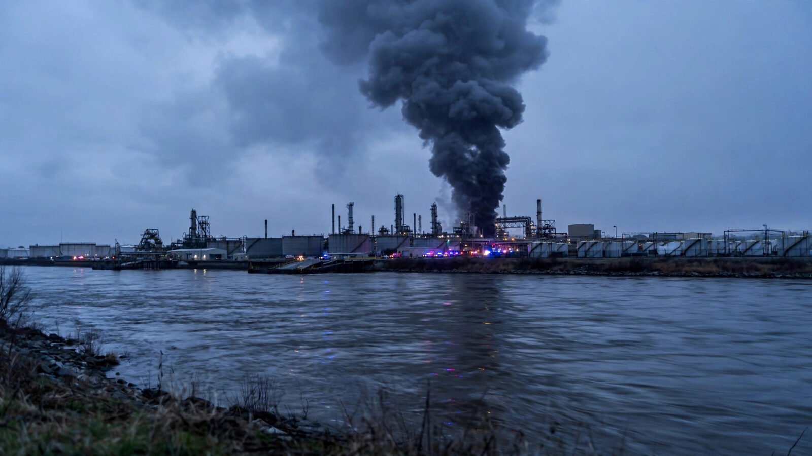 A large column of dark smoke rises from an industrial oil terminal at dusk, seen from across the water with emergency lights in the distance