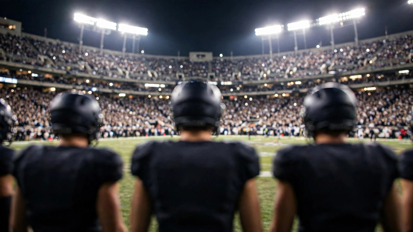 American football players viewed from behind on the field at night in a packed stadium.