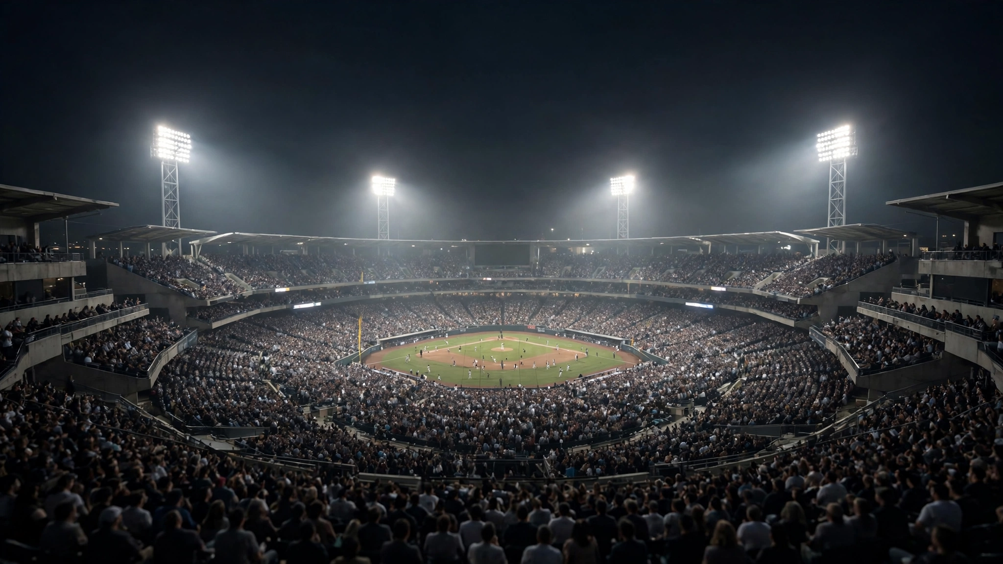 A baseball stadium at night under bright floodlights with a large crowd in the stands