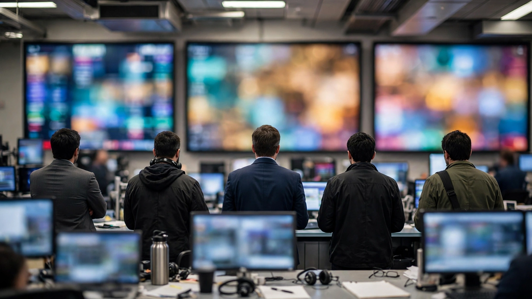 Traders seen from behind watching large blurred display screens on a trading floor