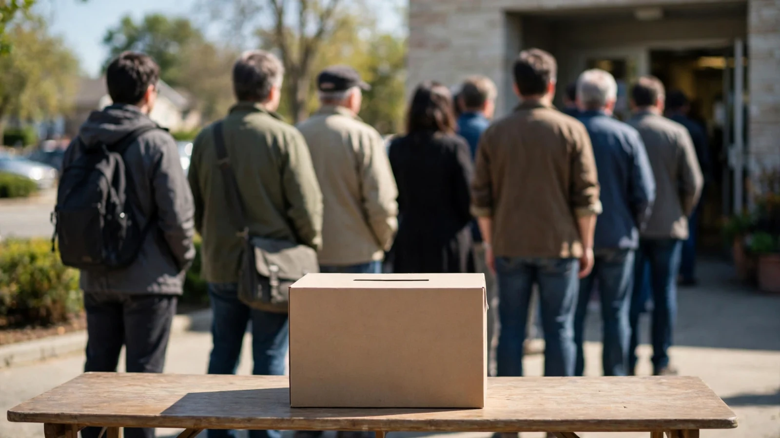 People standing in line outside a building entrance, with a plain cardboard ballot box on a wooden table in the foreground