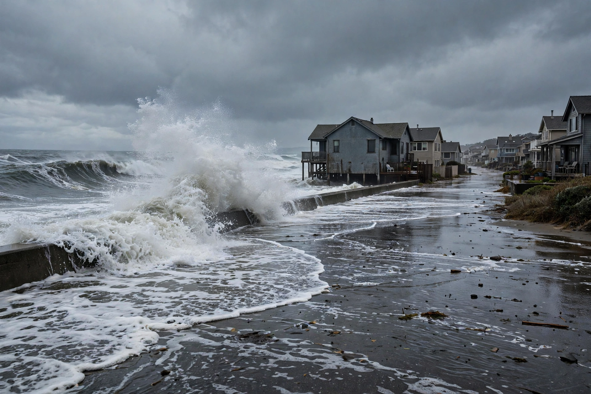 Waves breaking over a seawall and washing across a road beside beach houses under a cloudy sky