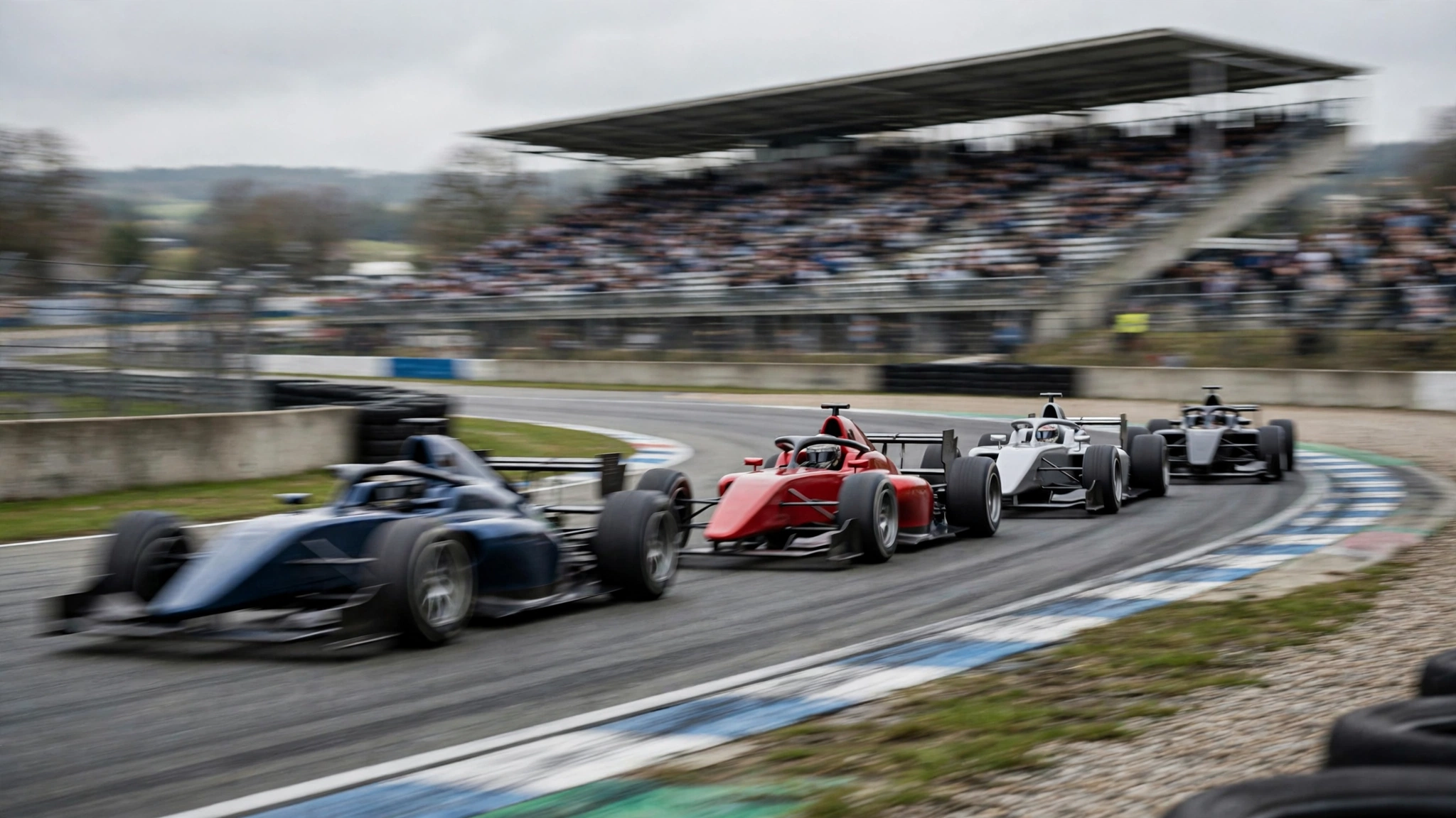 Four open-wheel race cars driving around a corner on a racetrack in front of a grandstand