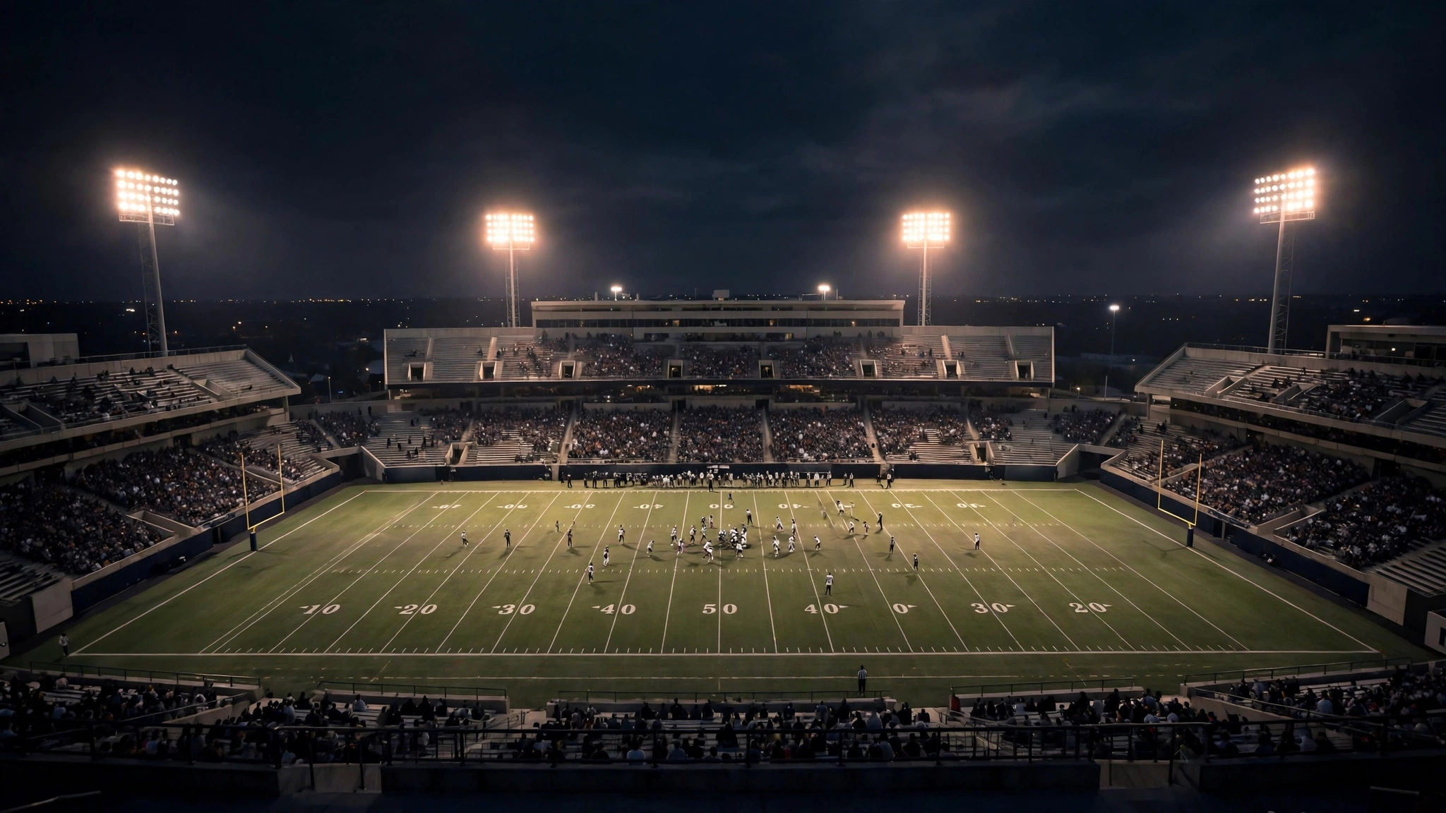 An American football stadium at night under floodlights, with players on the field and spectators in the stands