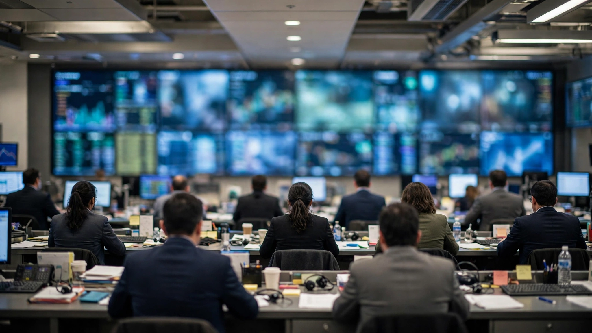 Traders seated at desks in front of a large wall of blurred market screens in a trading room