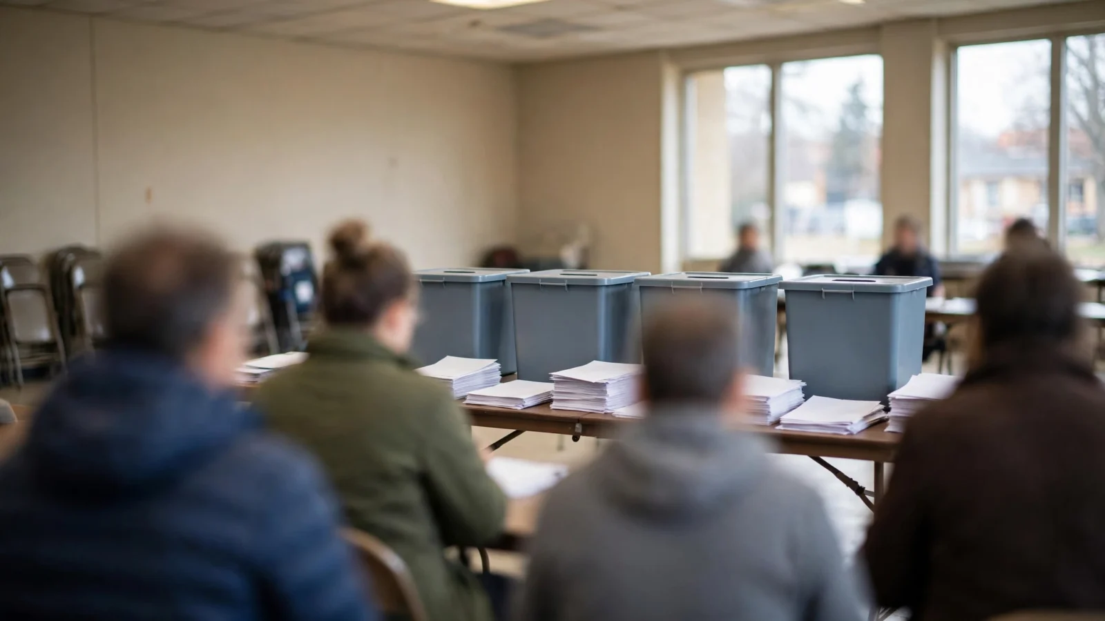 Four gray ballot boxes on a table with stacks of paper ballots in a polling station, with voters seen from behind in the foreground