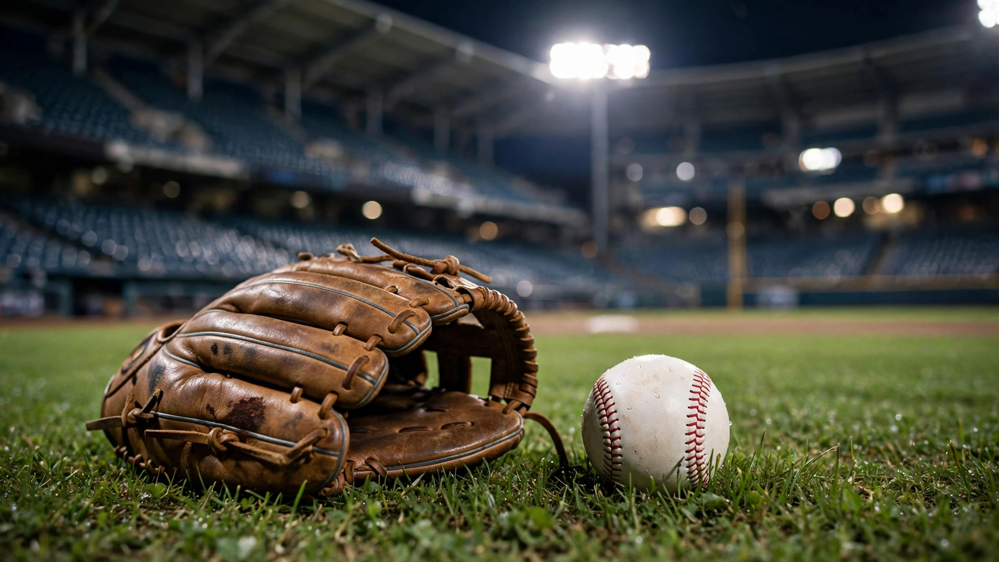 A leather baseball glove and a baseball on grass in a stadium at night under bright lights