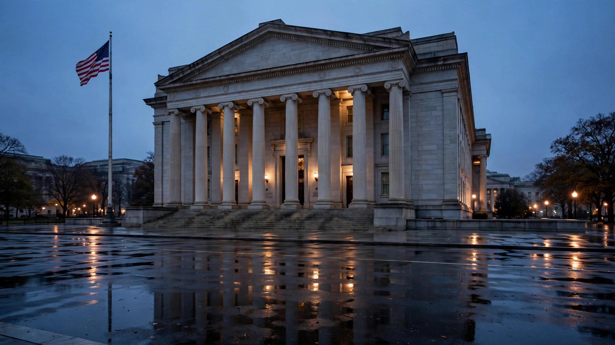 A stone building with tall columns and an American flag at dusk, with wet pavement in front