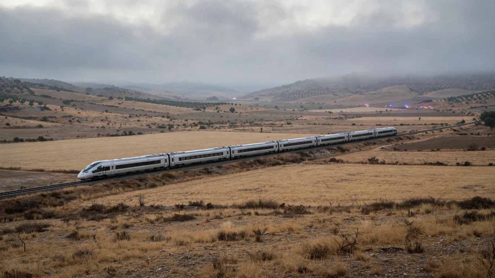 A silver high-speed passenger train on tracks crossing dry countryside under a cloudy sky